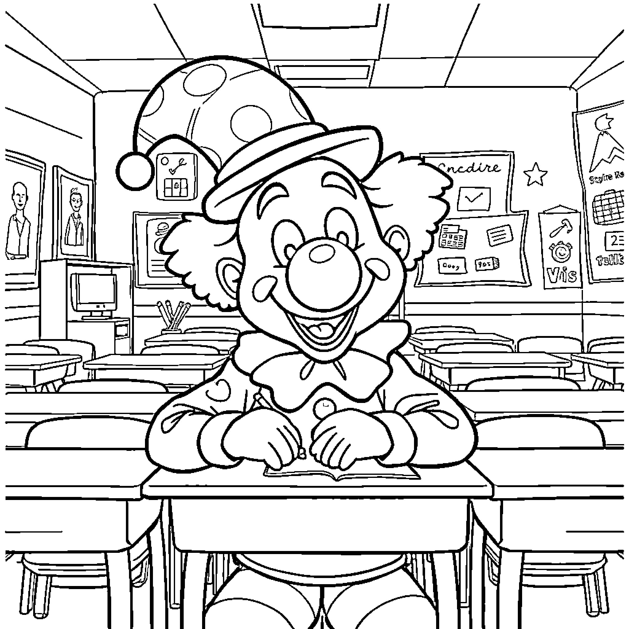 Plim Plim Clown Having Fun in Classroom Coloring Page (free black-and-white line drawing printable PDF for all, from beginners to advanced learners, including children, teens, adults, and seniors)