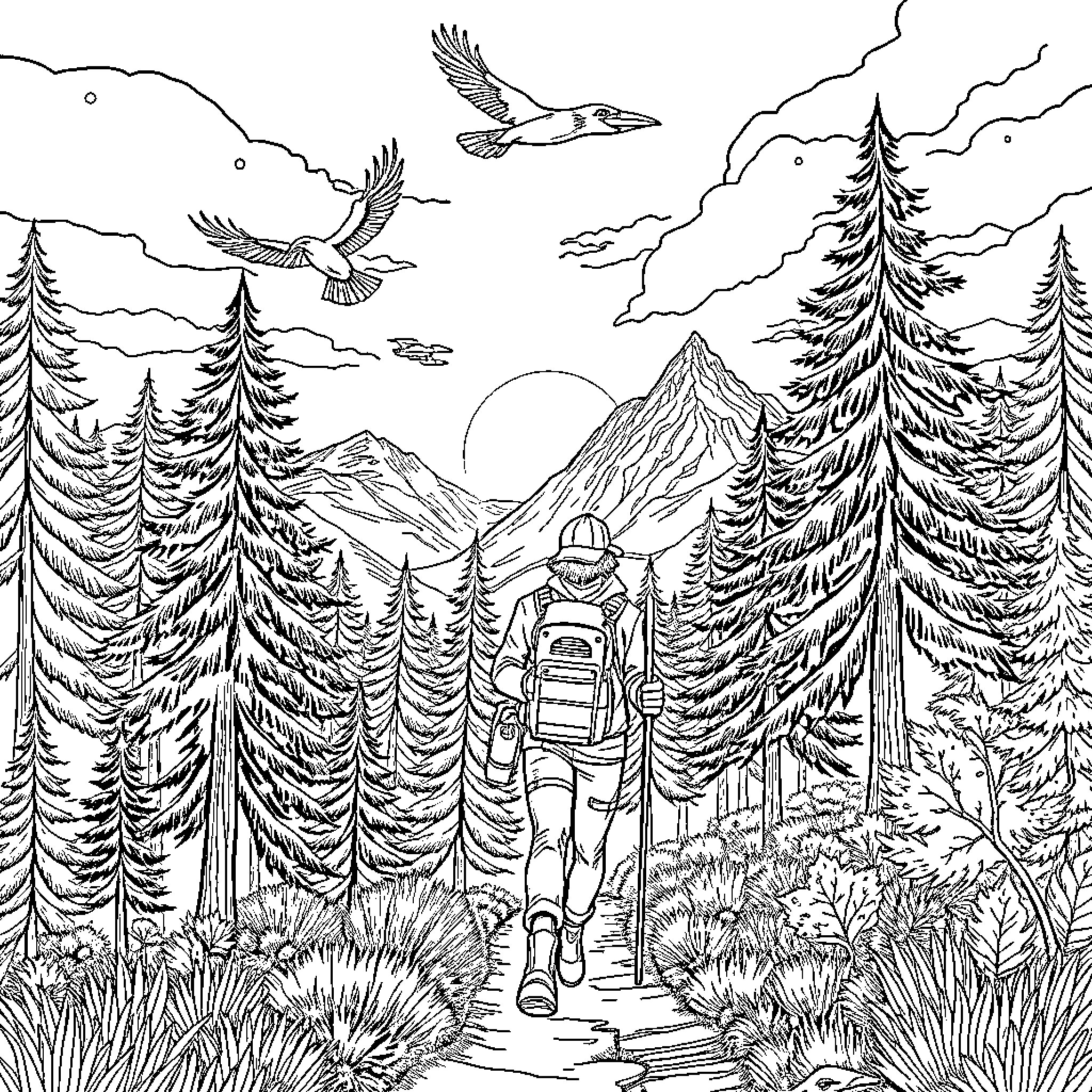 Hiker exploring the majestic mountain landscape Coloring Page (free black-and-white line drawing printable PDF for all, from beginners to advanced learners, including children, teens, adults, and seniors)
