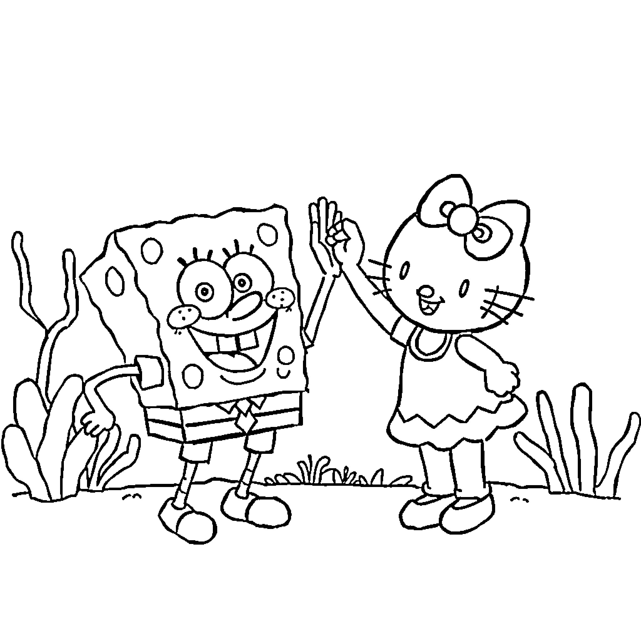 Spongebob and Hello Kitty play happily together Coloring Page (free black-and-white line drawing printable PDF for all, from beginners to advanced learners, including children, teens, adults, and seniors)