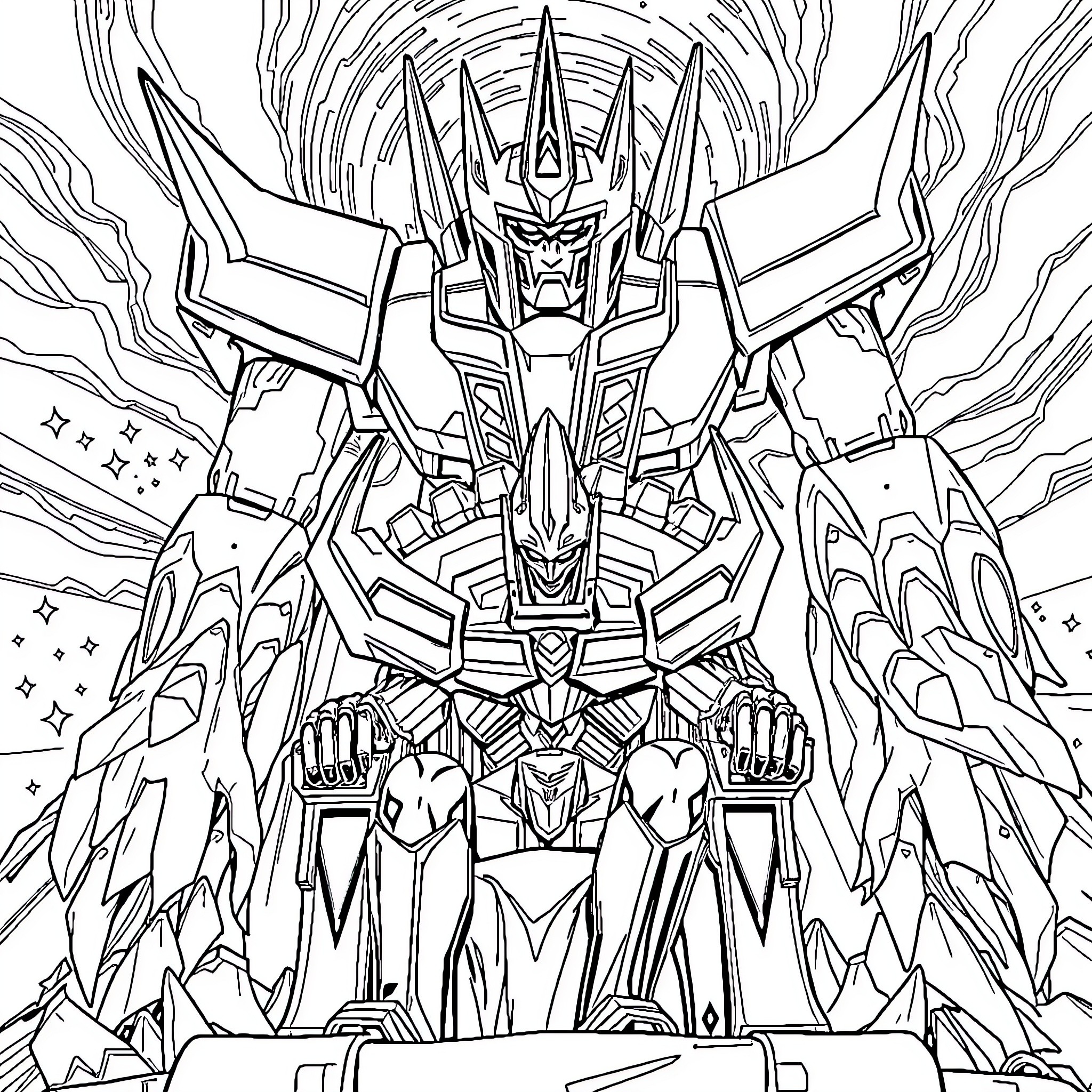 Megatron's Mighty Cosmic Transformation Coloring Page (free black-and-white line drawing printable PDF for all, from beginners to advanced learners, including children, teens, adults, and seniors)