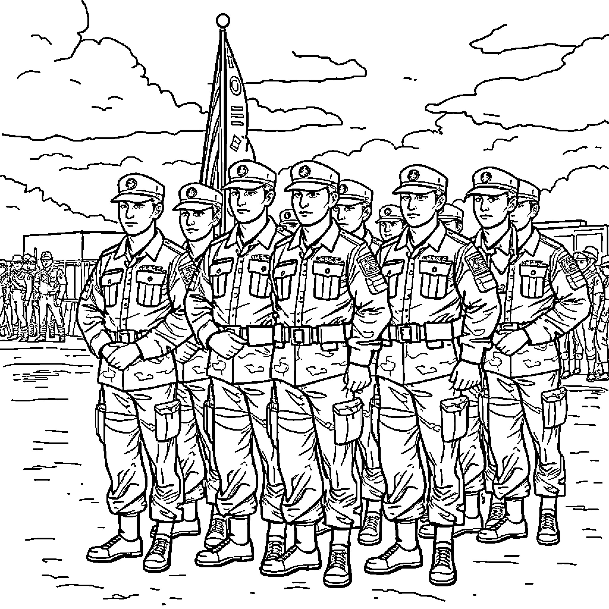 Army soldiers in formation with flags on cloudy day Coloring Page (free black-and-white line drawing printable PDF for all, from beginners to advanced learners, including children, teens, adults, and seniors)