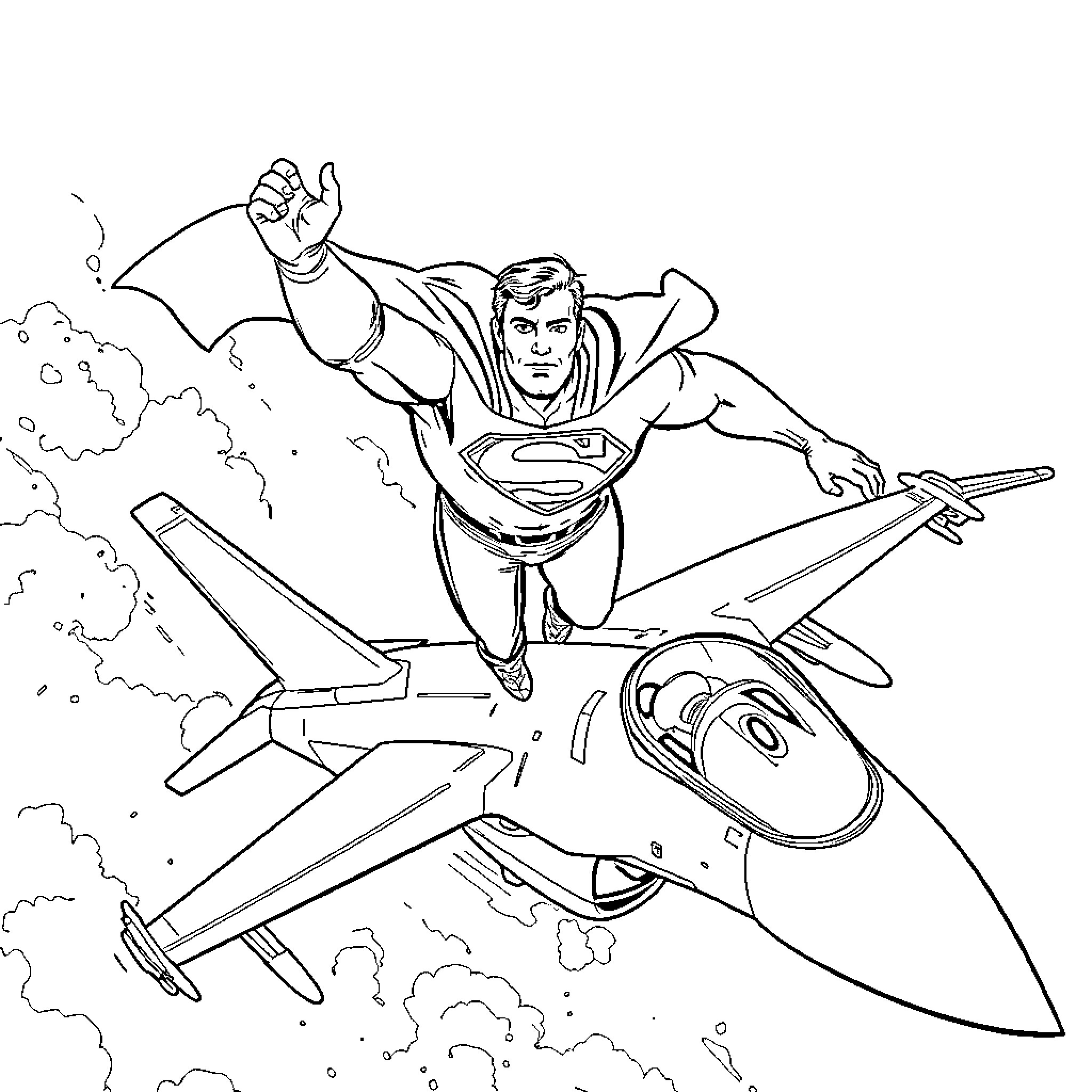 Superman heroically soaring through the sky Coloring Page (free black-and-white line drawing printable PDF for all, from beginners to advanced learners, including children, teens, adults, and seniors)