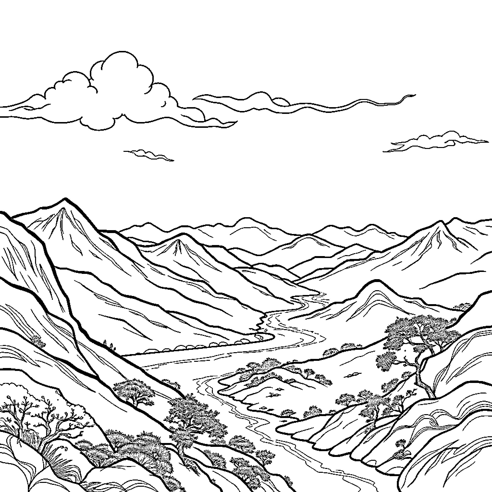 Landscape of majestic mountains and flowing river Coloring Page (free black-and-white line drawing printable PDF for all, from beginners to advanced learners, including children, teens, adults, and seniors)