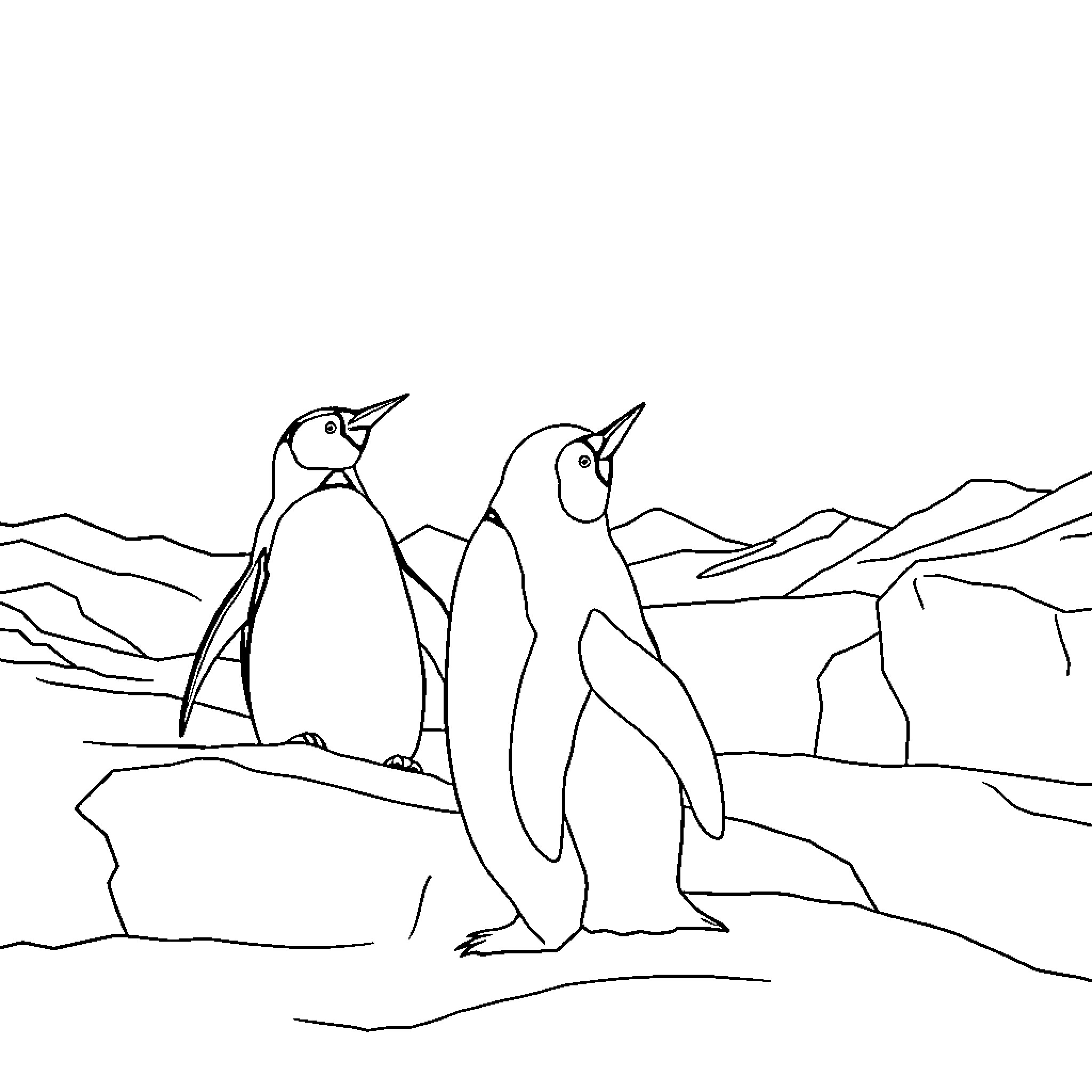 Penguins enjoying the snowy landscape Coloring Page (free black-and-white line drawing printable PDF for all, from beginners to advanced learners, including children, teens, adults, and seniors)