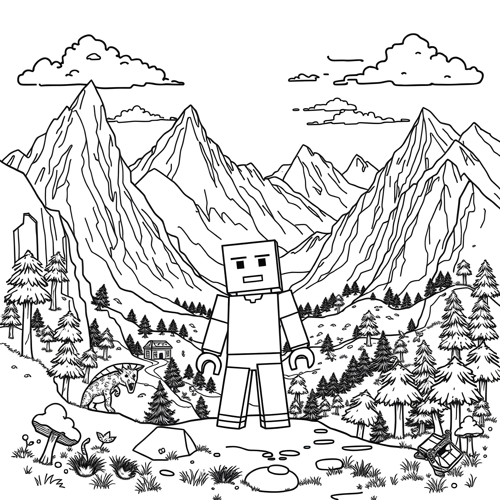 Steve exploring the majestic mountain landscape Coloring Page (free black-and-white line drawing printable PDF for all, from beginners to advanced learners, including children, teens, adults, and seniors)