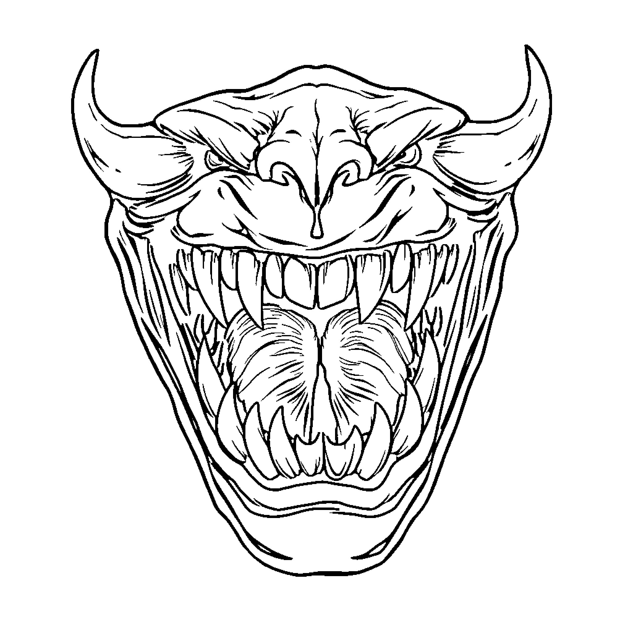 Maw of the Fearsome Creature Coloring Page (free black-and-white line drawing printable PDF for all, from beginners to advanced learners, including children, teens, adults, and seniors)