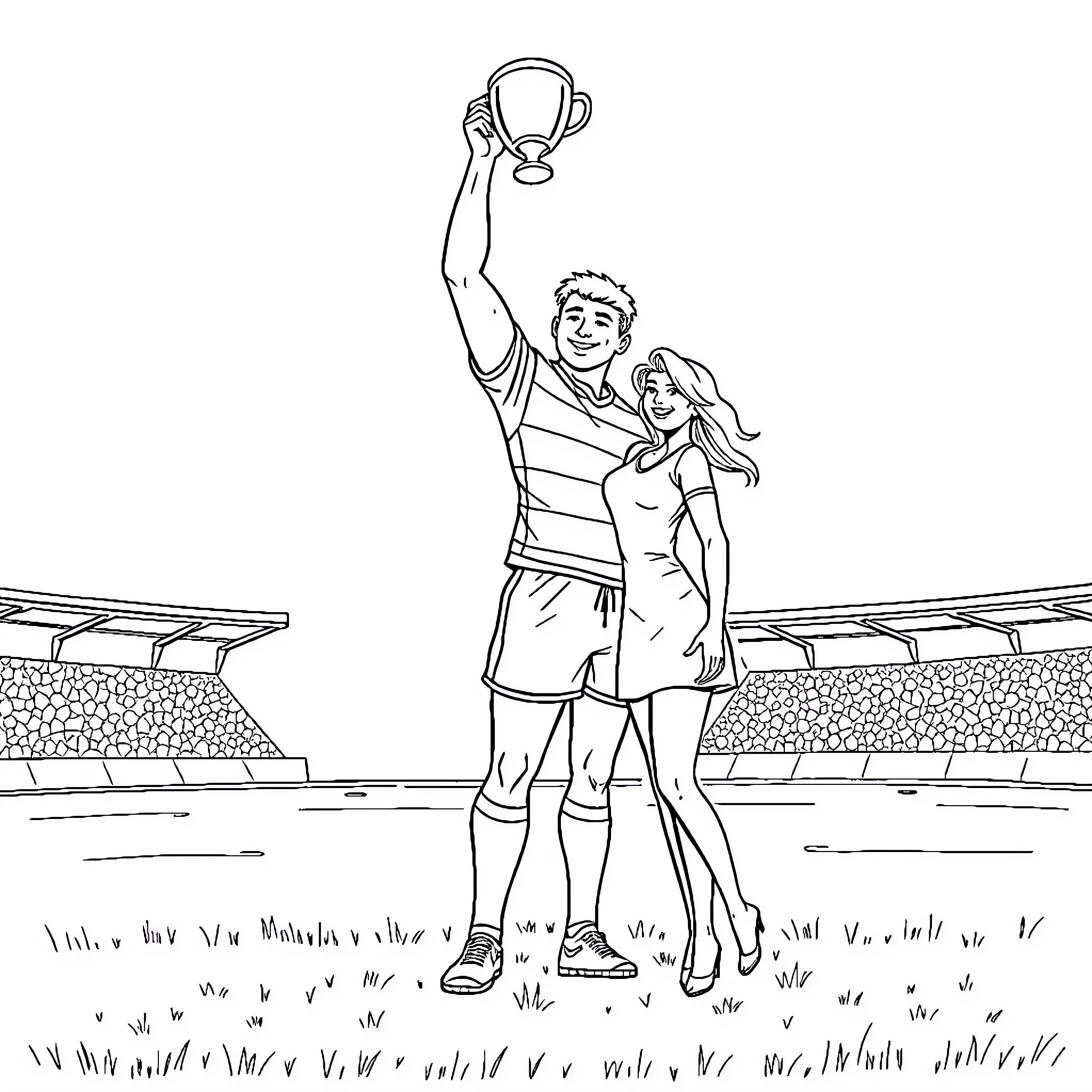Rugby Player Celebrates Victory with Cheerleader Coloring Page (free black-and-white line drawing printable PDF for all, from beginners to advanced learners, including children, teens, adults, and seniors)