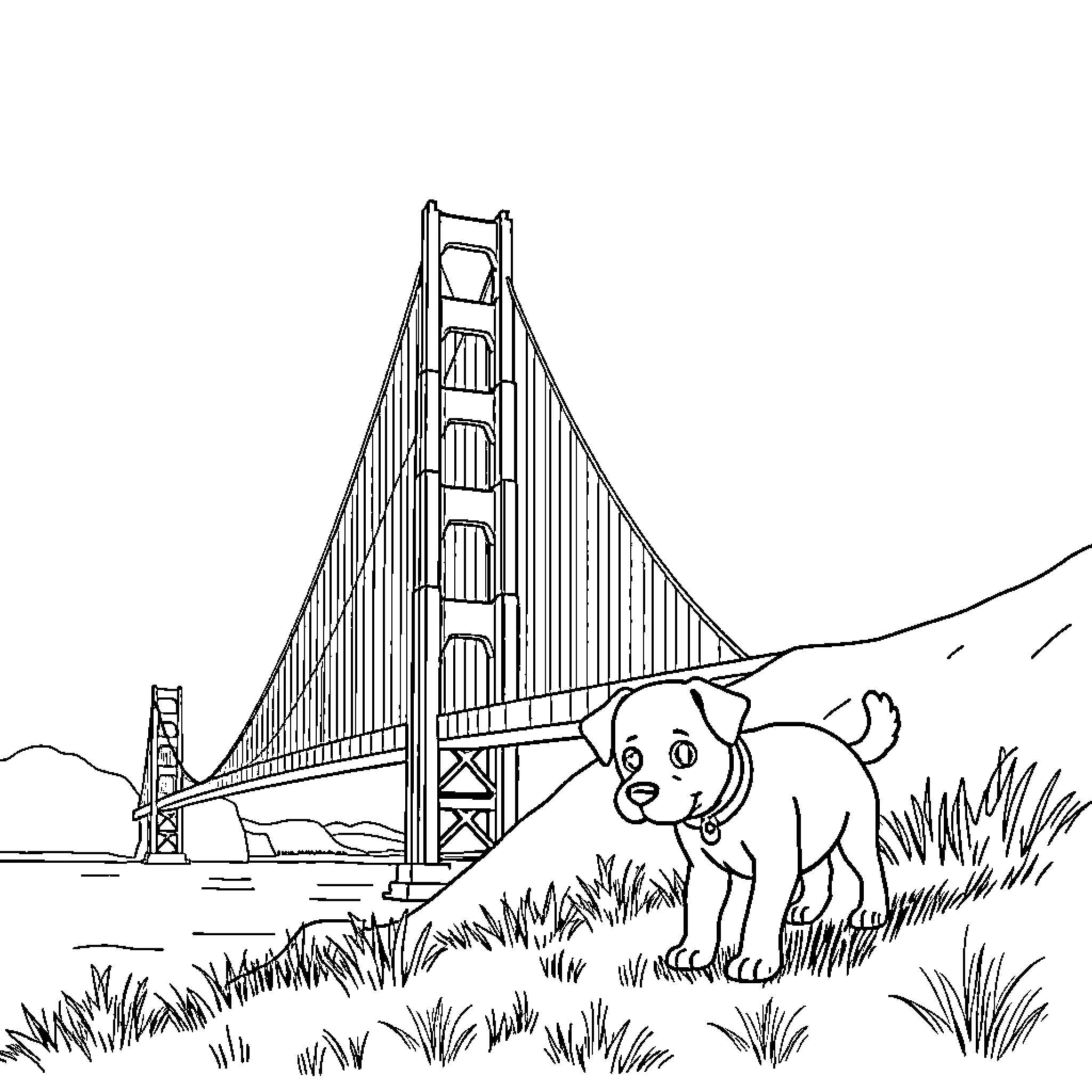 Bridge with a playful dog in the foreground Coloring Page (free black-and-white line drawing printable PDF for all, from beginners to advanced learners, including children, teens, adults, and seniors)