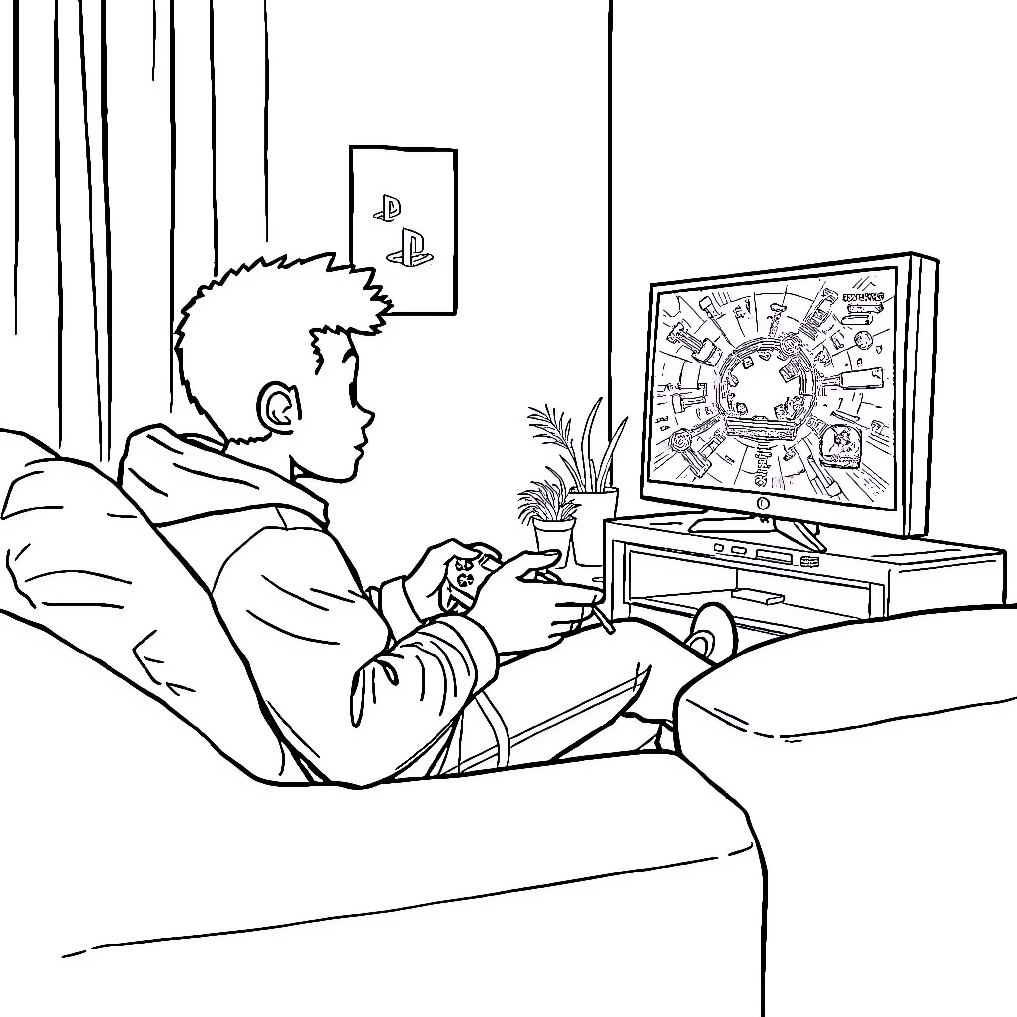 Labubu enjoying video game on TV in bedroom Coloring Page (free black-and-white line drawing printable PDF for all, from beginners to advanced learners, including children, teens, adults, and seniors)