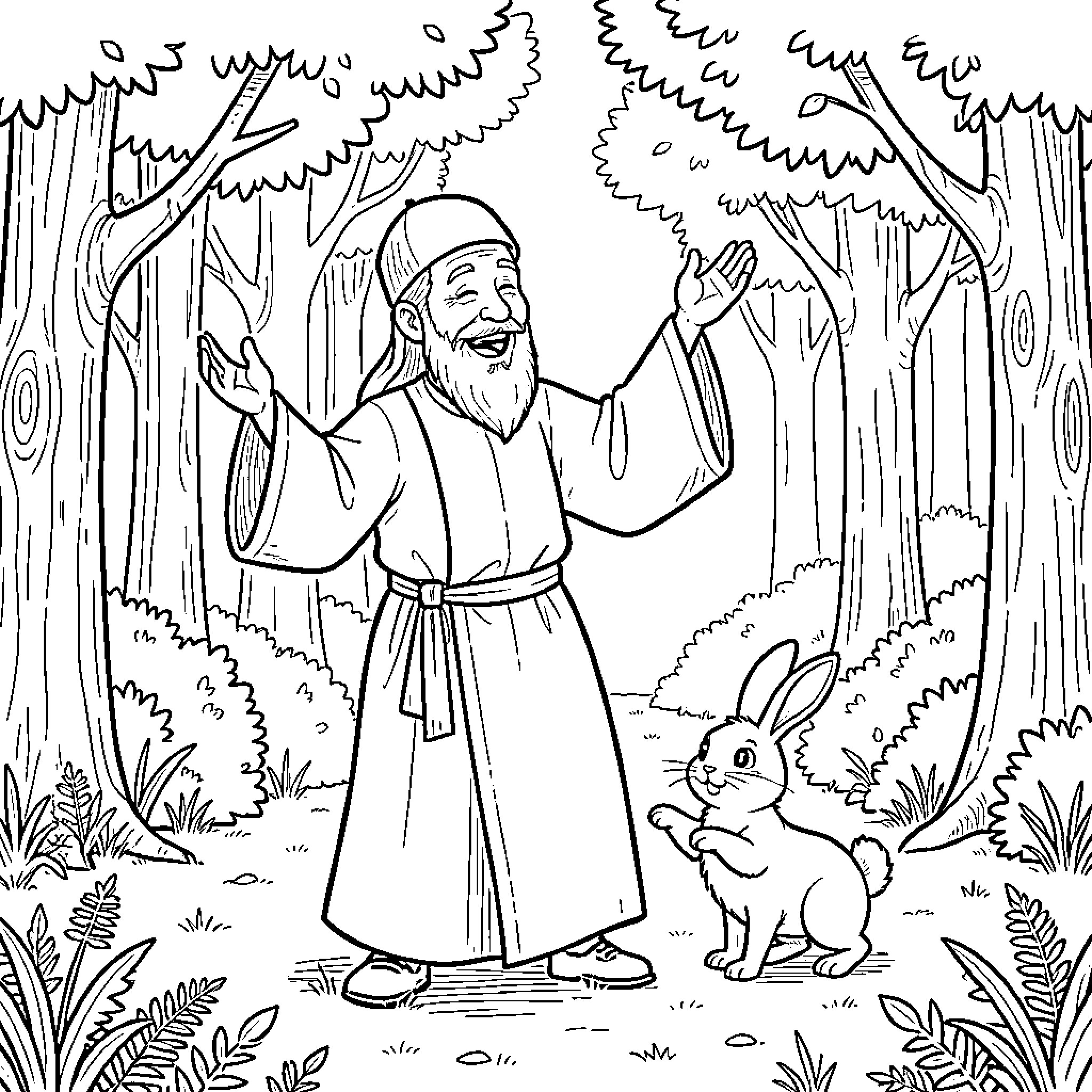 Rabbi smiling joyfully with a rabbit in the woods Coloring Page (free black-and-white line drawing printable PDF for all, from beginners to advanced learners, including children, teens, adults, and seniors)