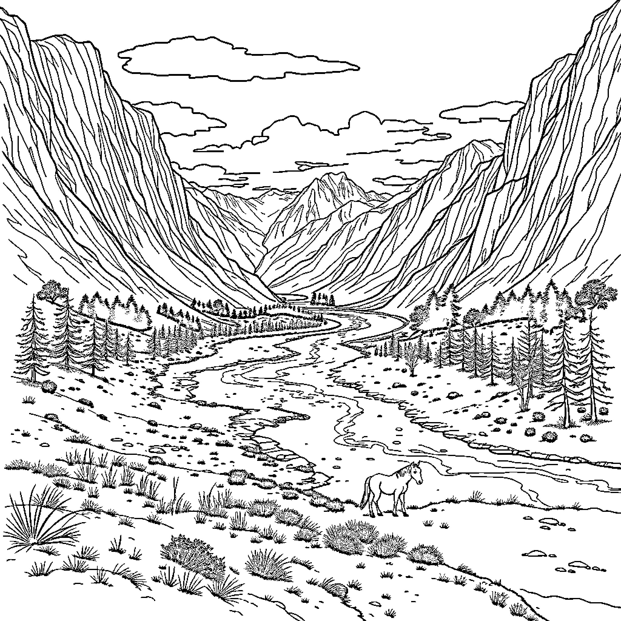 Horse in the serene mountain landscape Coloring Page (free black-and-white line drawing printable PDF for all, from beginners to advanced learners, including children, teens, adults, and seniors)