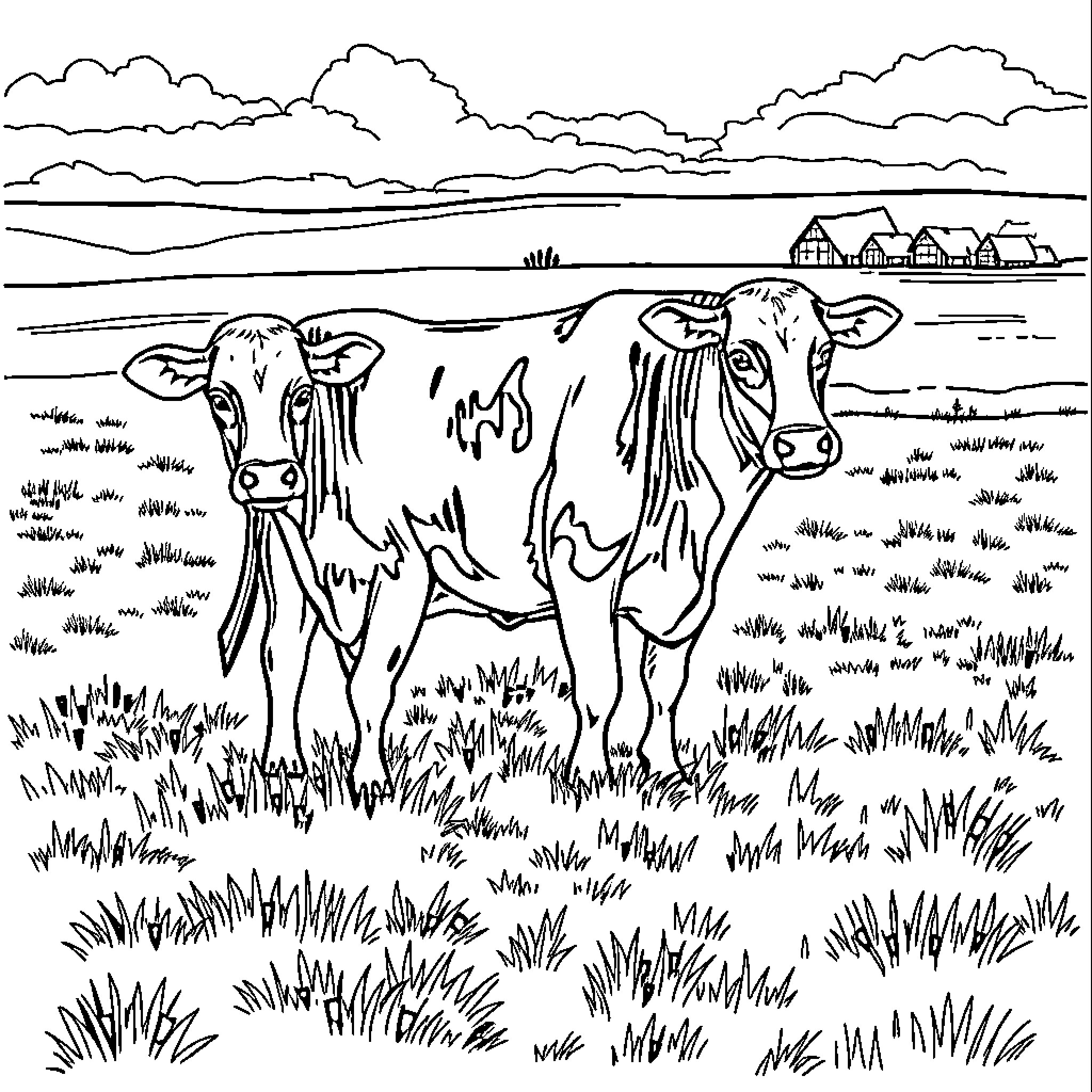 Cattle grazing peacefully in a scenic rural landscape Coloring Page (free black-and-white line drawing printable PDF for all, from beginners to advanced learners, including children, teens, adults, and seniors)