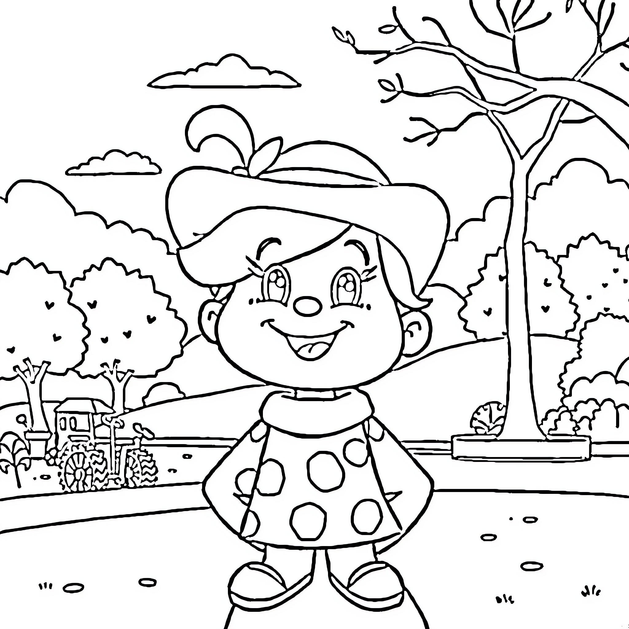 Wenda explores the enchanting forest scene Coloring Page (free black-and-white line drawing printable PDF for all, from beginners to advanced learners, including children, teens, adults, and seniors)