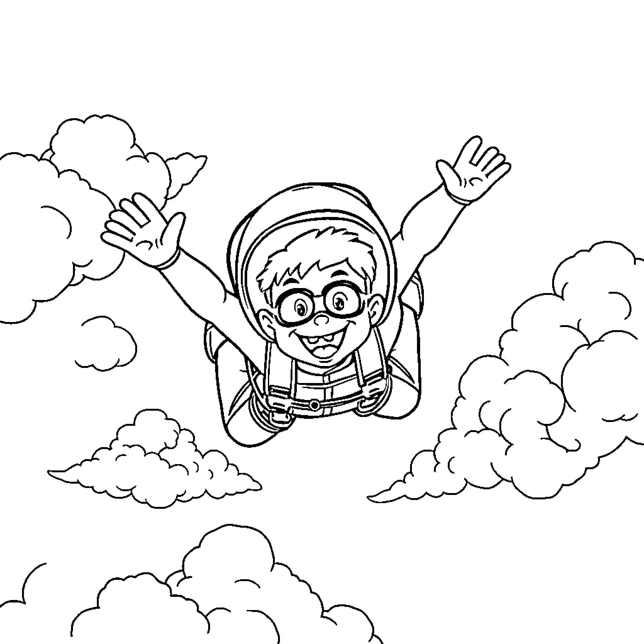 Bluey soaring through the clouds with joy Coloring Page (free black-and-white line drawing printable PDF for all, from beginners to advanced learners, including children, teens, adults, and seniors)