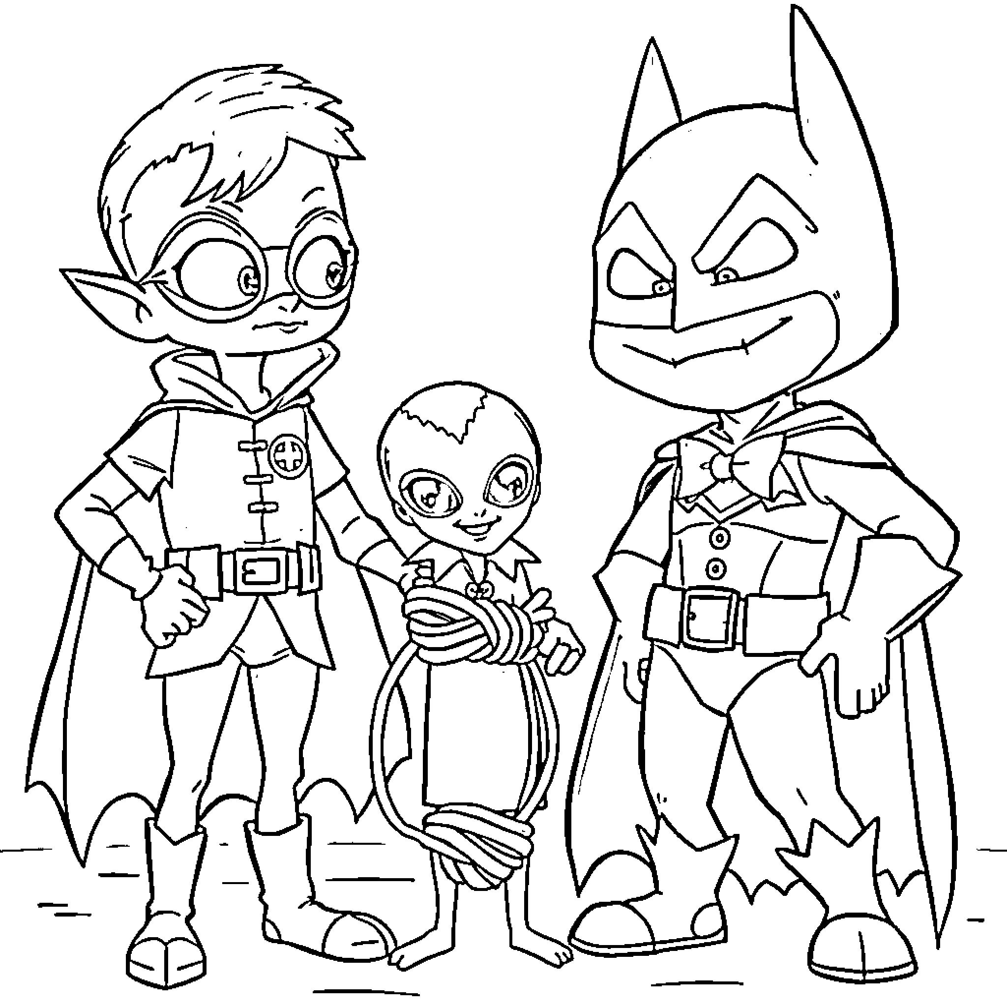 Alien superheroes saving the day Coloring Page (free black-and-white line drawing printable PDF for all, from beginners to advanced learners, including children, teens, adults, and seniors)