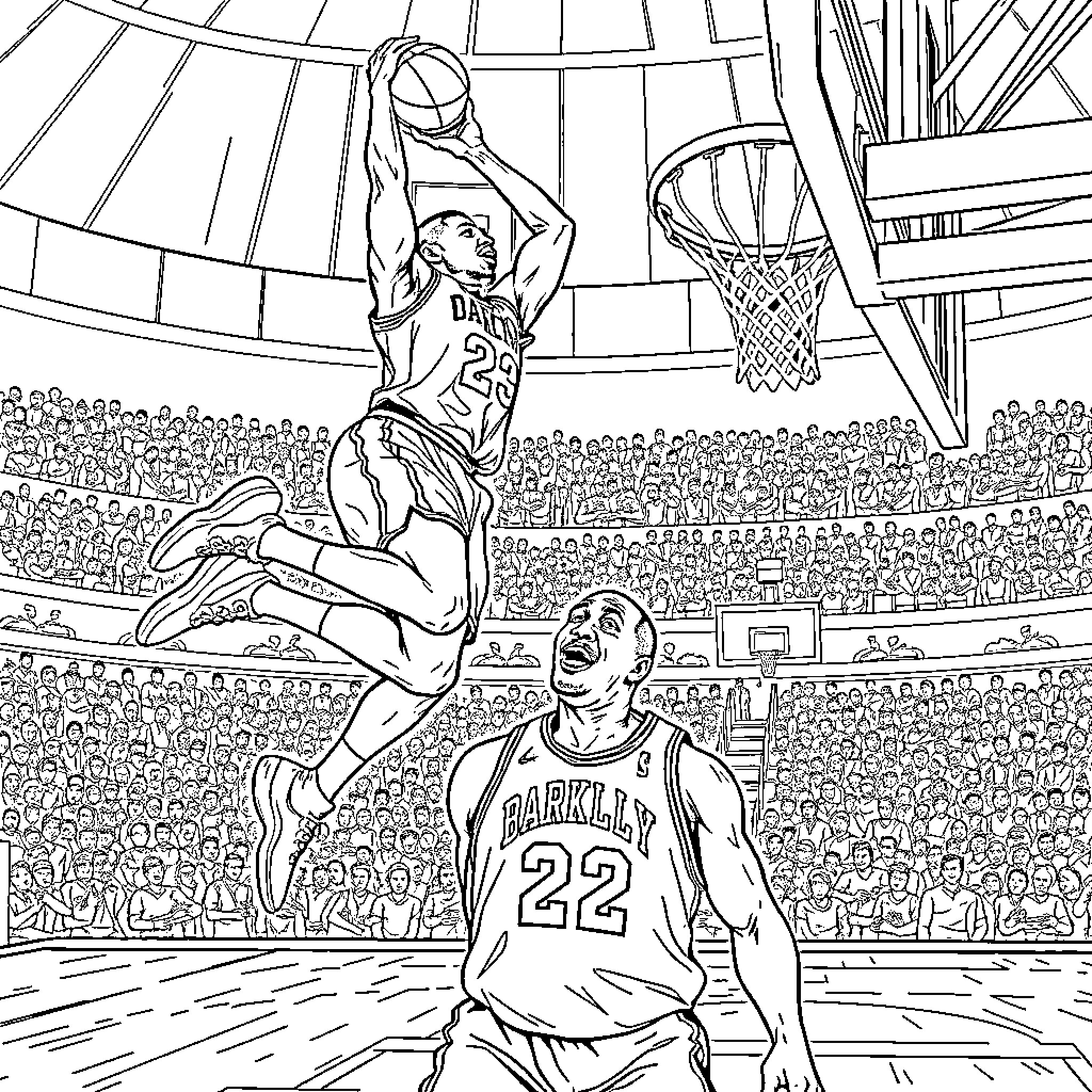 Victor Wembanyama dunking the basketball in a basketball stadium Coloring Page (free black-and-white line drawing printable PDF for all, from beginners to advanced learners, including children, teens, adults, and seniors)