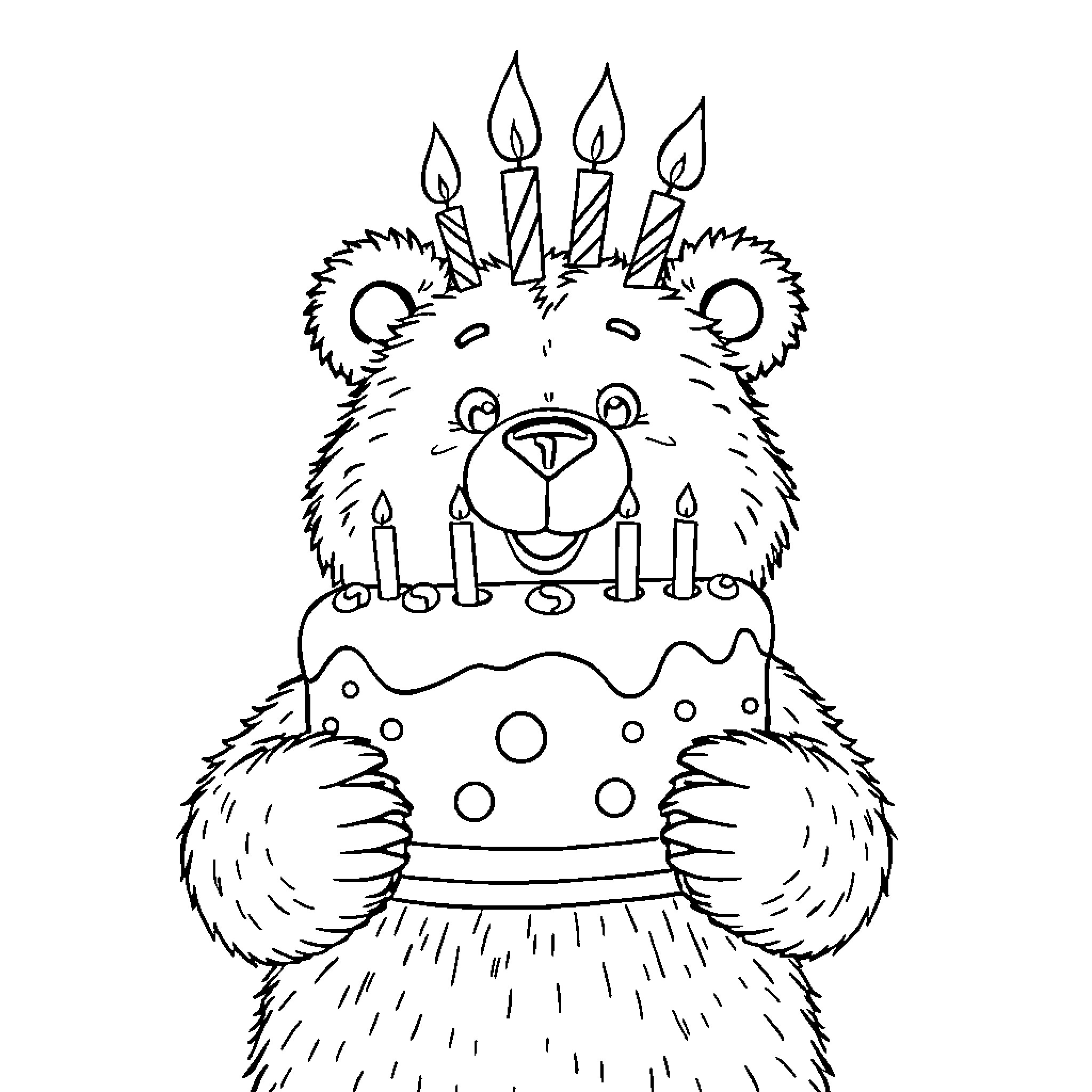 Rupert the Furry Bear Celebrates with Birthday Cake Coloring Page (free black-and-white line drawing printable PDF for all, from beginners to advanced learners, including children, teens, adults, and seniors)