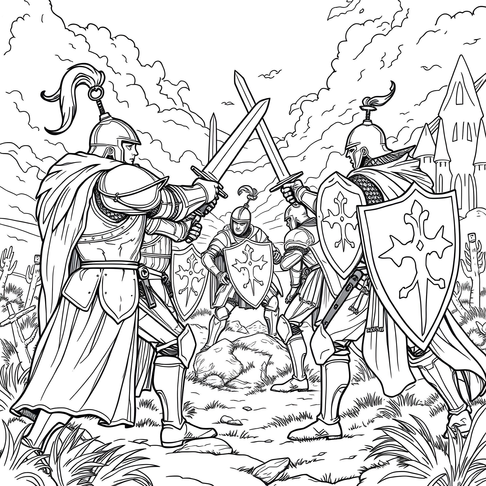 Knight's Heroic Battle in a Fantastical Landscape Coloring Page (free black-and-white line drawing printable PDF for all, from beginners to advanced learners, including children, teens, adults, and seniors)