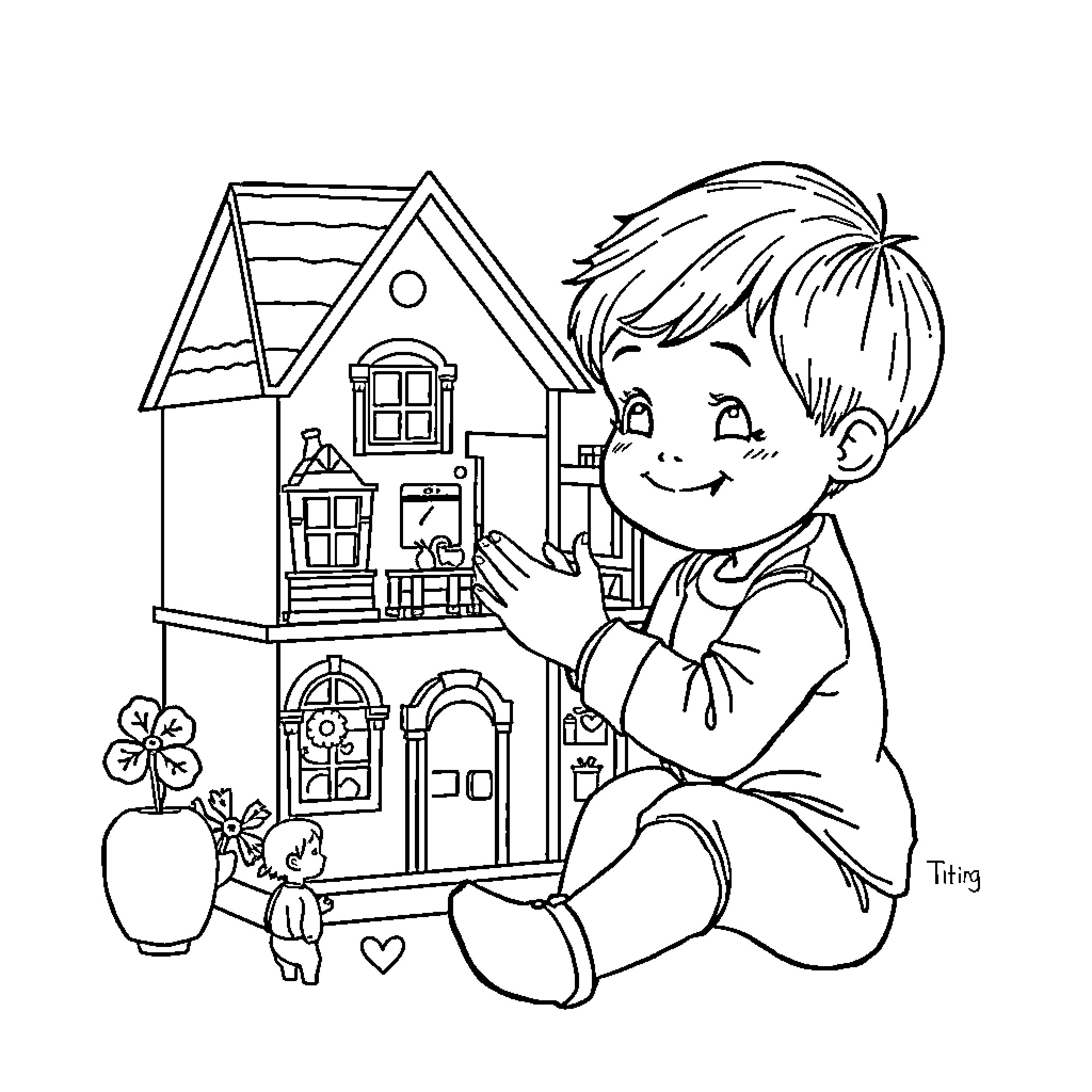 Kid playing with toy house and animals Coloring Page (free black-and-white line drawing printable PDF for all, from beginners to advanced learners, including children, teens, adults, and seniors)