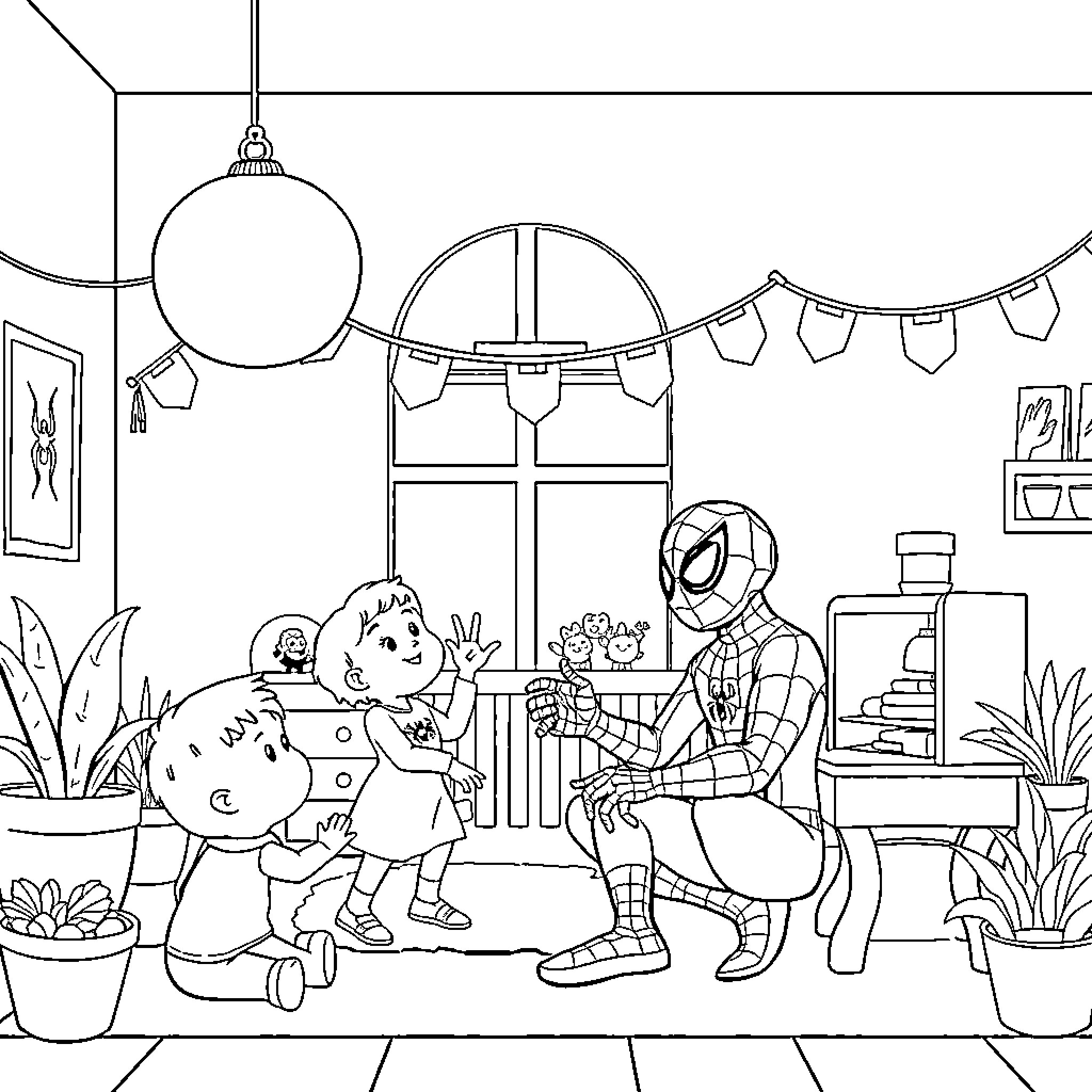 Spider-Man Interacts With a Young Child in Cozy Home Setting Coloring Page (free black-and-white line drawing printable PDF for all, from beginners to advanced learners, including children, teens, adults, and seniors)