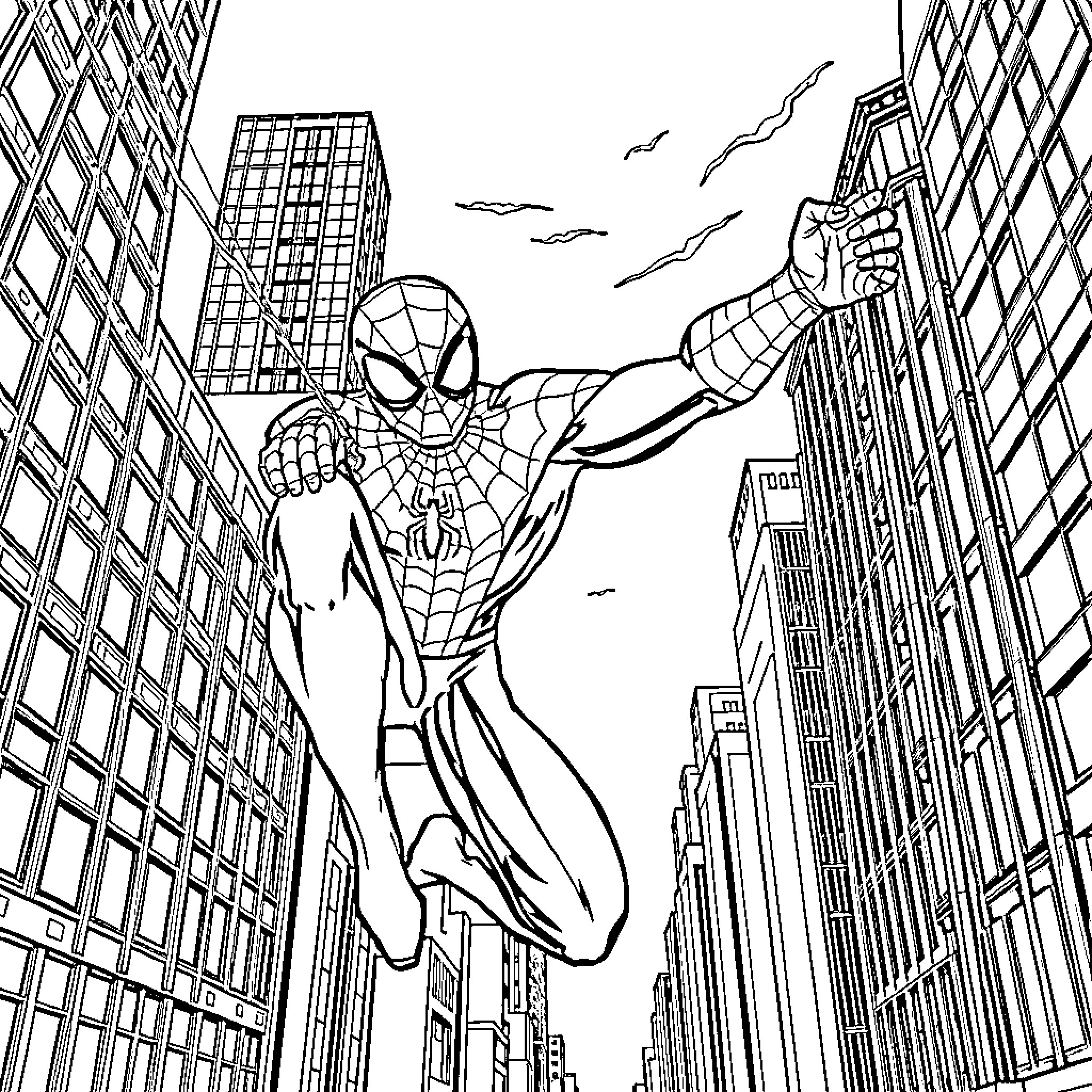 Spiderman swinging through the city skyline Coloring Page (free black-and-white line drawing printable PDF for all, from beginners to advanced learners, including children, teens, adults, and seniors)