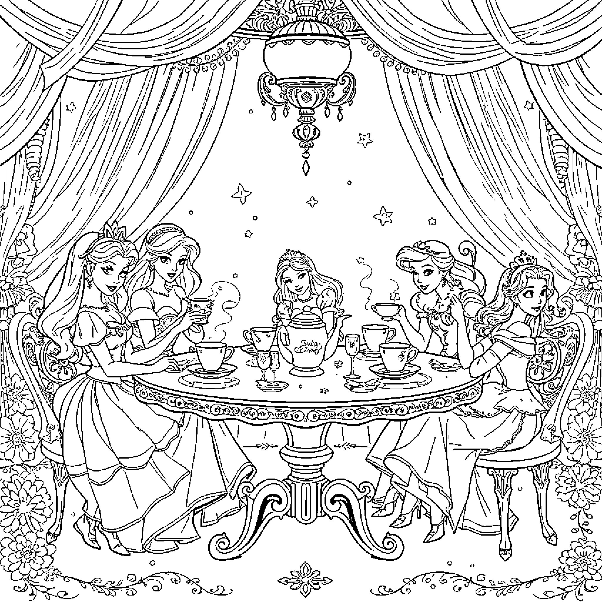 Princess Enjoying Elegant Tea Party with Friends Coloring Page (free black-and-white line drawing printable PDF for all, from beginners to advanced learners, including children, teens, adults, and seniors)