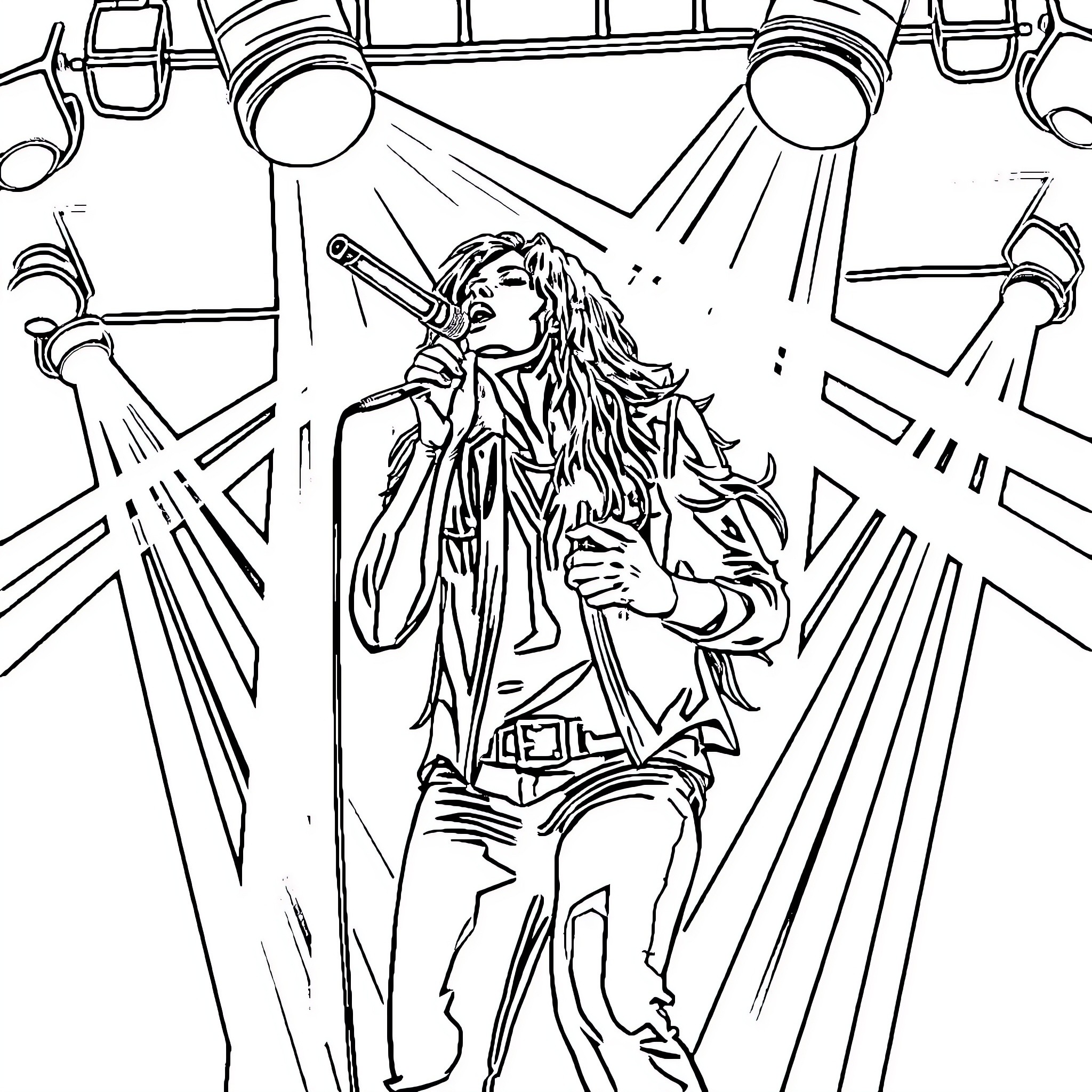 Huntrix Performer on Stage with Dramatic Lighting Coloring Page (free black-and-white line drawing printable PDF for all, from beginners to advanced learners, including children, teens, adults, and seniors)