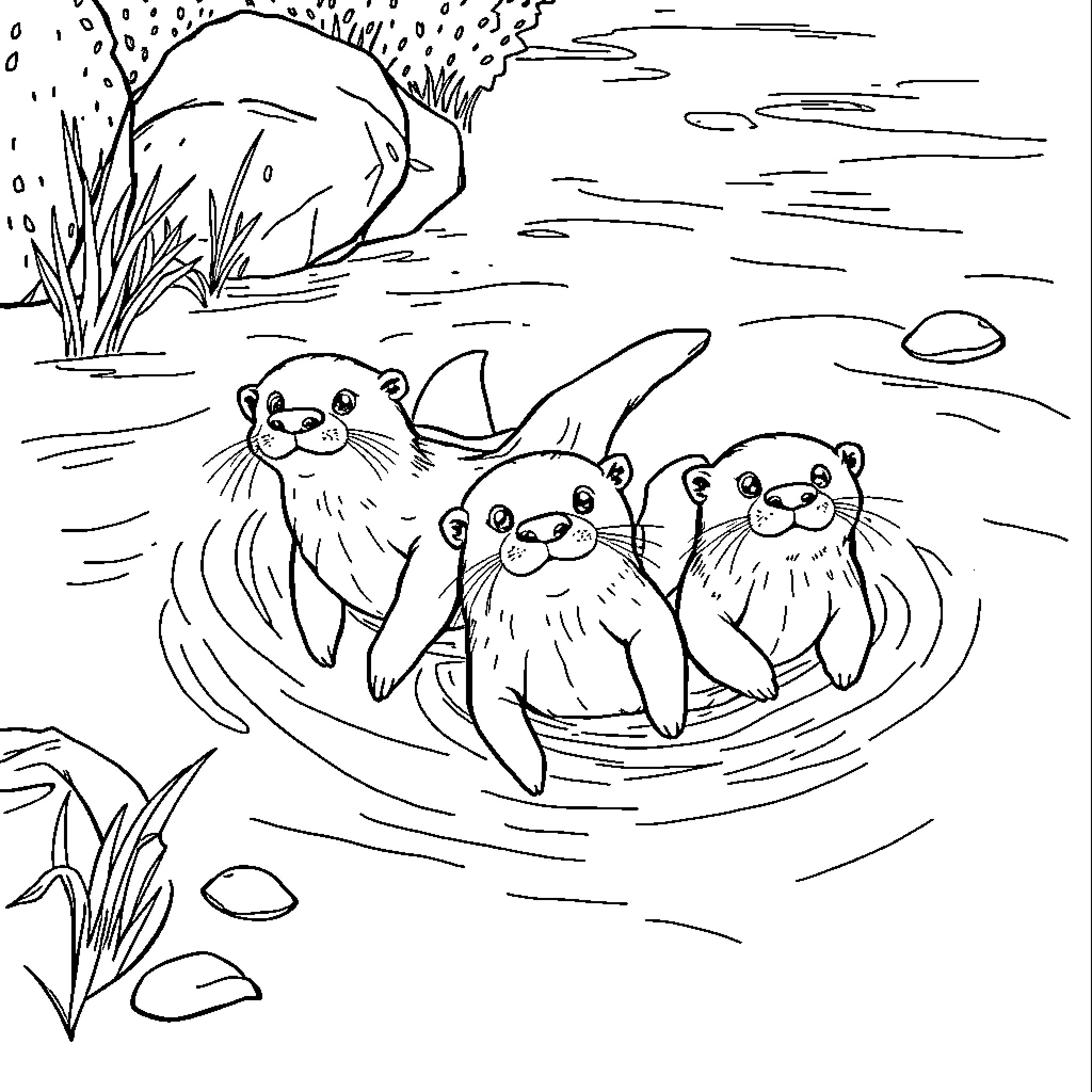 Otter Family Frolicking in the Water Coloring Page (free black-and-white line drawing printable PDF for all, from beginners to advanced learners, including children, teens, adults, and seniors)