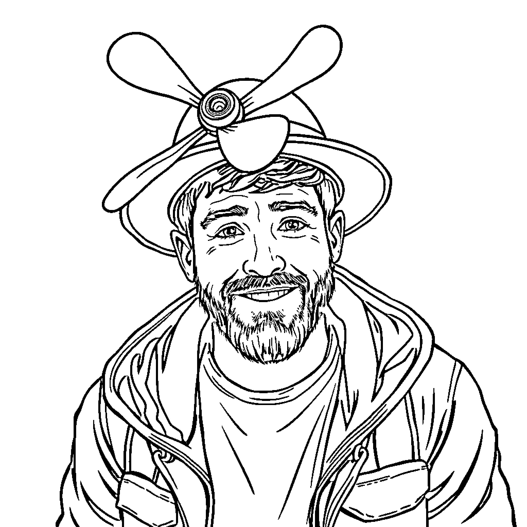Chris James' Whimsical Adventure in a Colorful Hat Coloring Page (free black-and-white line drawing printable PDF for all, from beginners to advanced learners, including children, teens, adults, and seniors)