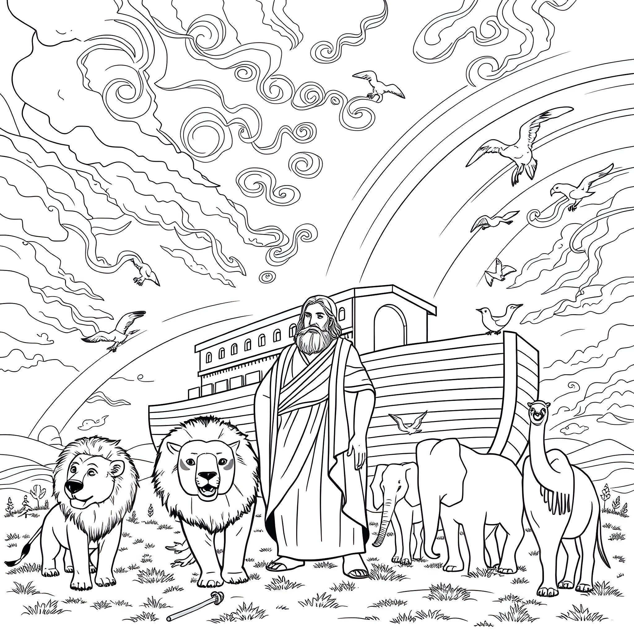 Noah's Ark with Animals and Heavenly Imagery Coloring Page (free black-and-white line drawing printable PDF for all, from beginners to advanced learners, including children, teens, adults, and seniors)