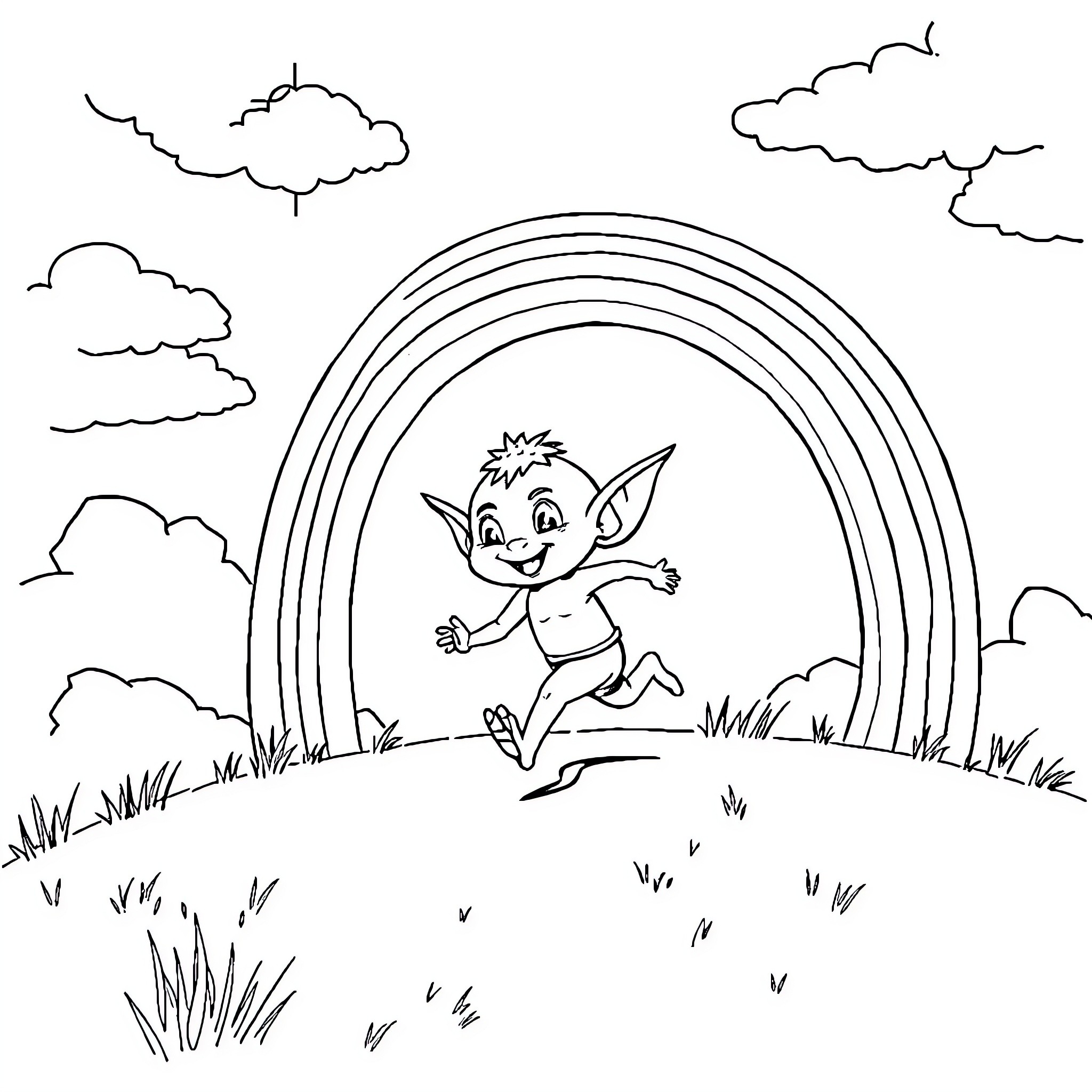 Goblin enjoying a rainbow in the meadow Coloring Page (free black-and-white line drawing printable PDF for all, from beginners to advanced learners, including children, teens, adults, and seniors)