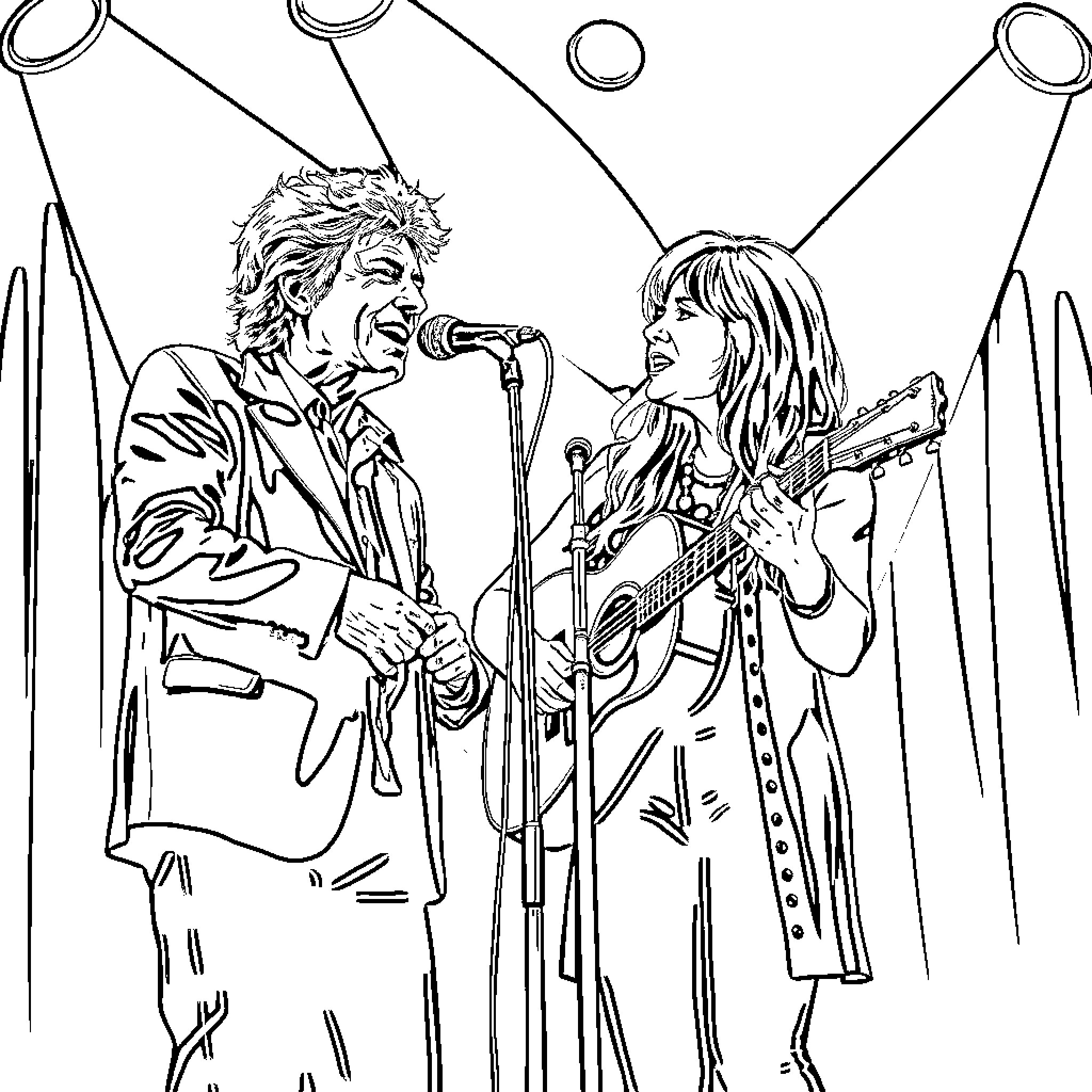 Bob Dylan performing with female musician on stage Coloring Page (free black-and-white line drawing printable PDF for all, from beginners to advanced learners, including children, teens, adults, and seniors)