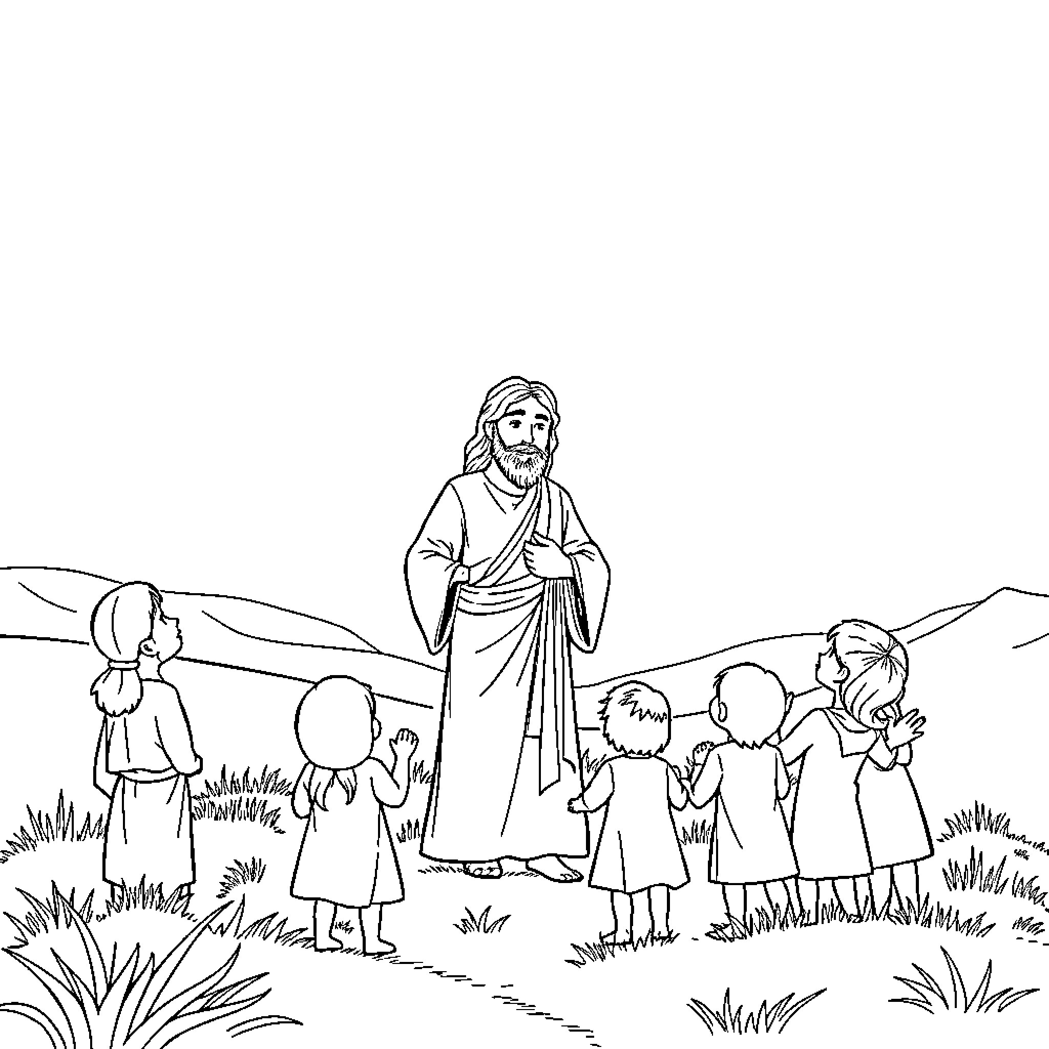 Jesus teaching and interacting with children in the wilderness Coloring Page (free black-and-white line drawing printable PDF for all, from beginners to advanced learners, including children, teens, adults, and seniors)
