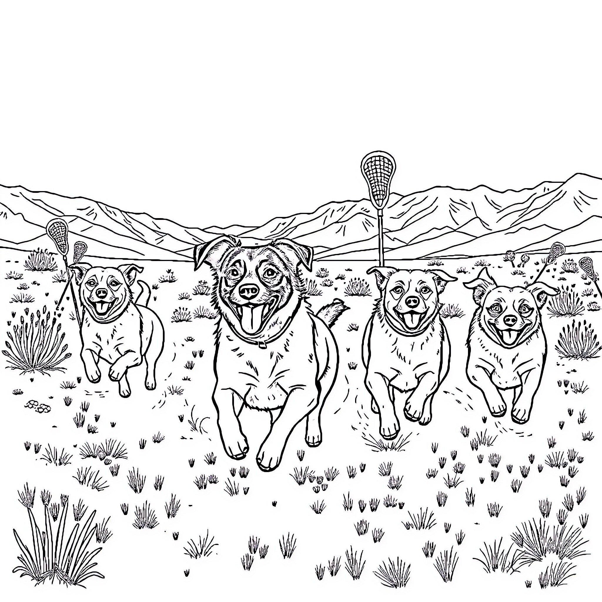 Dog friends chasing after a butterfly in the field Coloring Page (free black-and-white line drawing printable PDF for all, from beginners to advanced learners, including children, teens, adults, and seniors)