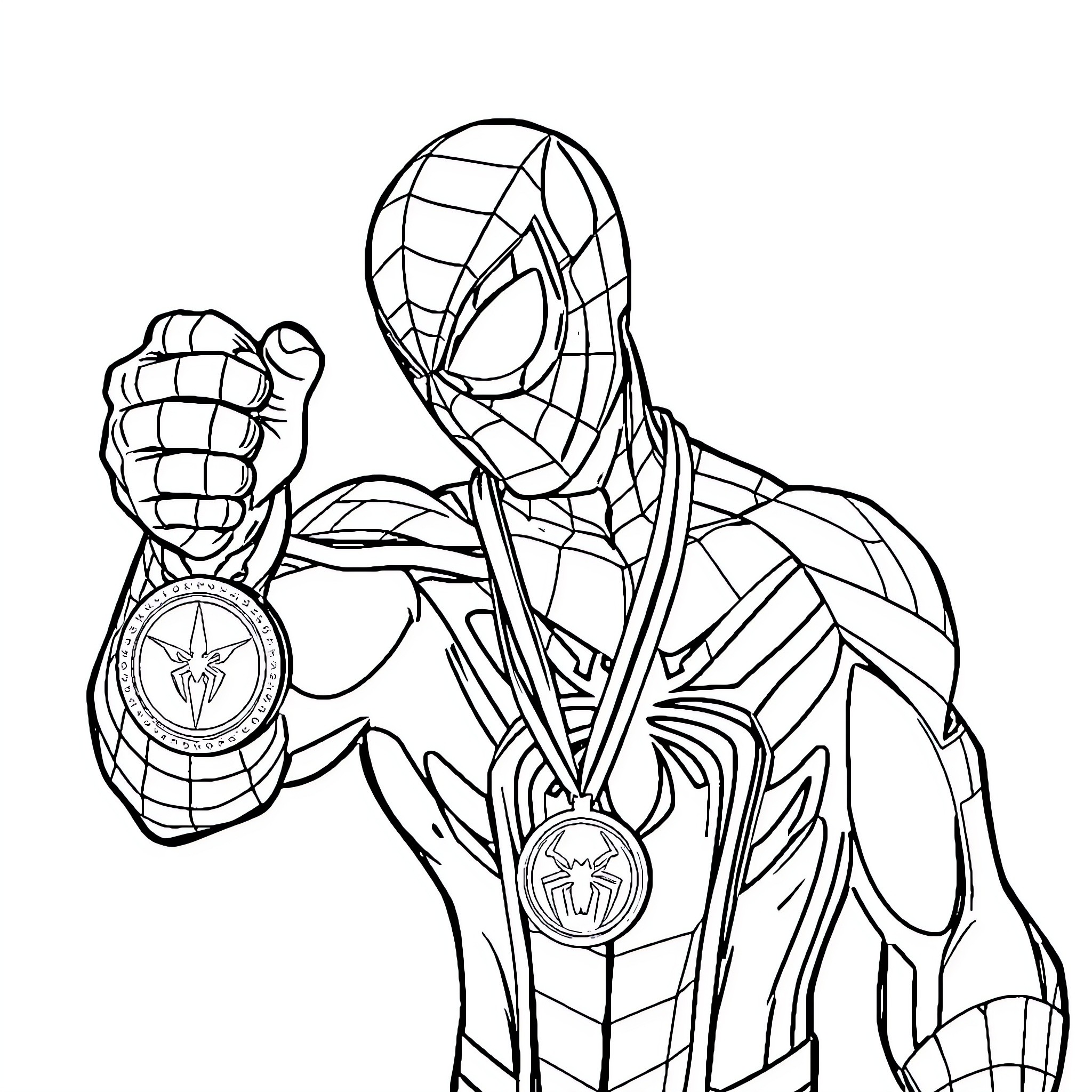 Spiderman Heroic Pose with Web-Slinging Gear Coloring Page (free black-and-white line drawing printable PDF for all, from beginners to advanced learners, including children, teens, adults, and seniors)