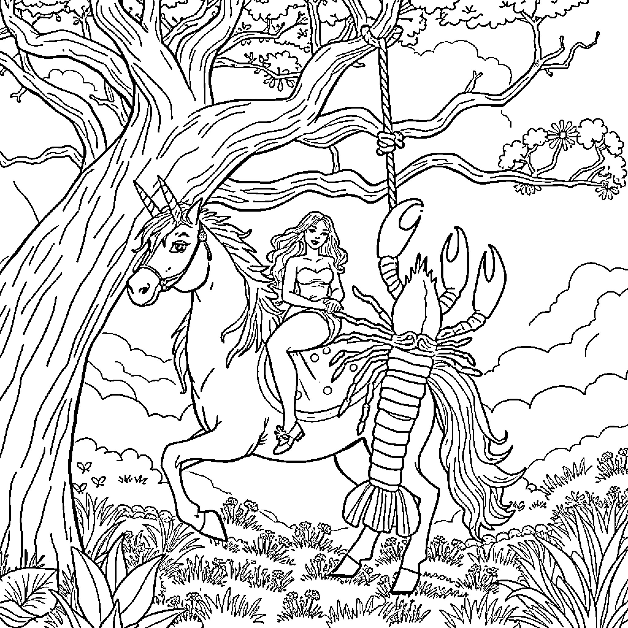 Lady riding a majestic unicorn through a whimsical forest Coloring Page (free black-and-white line drawing printable PDF for all, from beginners to advanced learners, including children, teens, adults, and seniors)