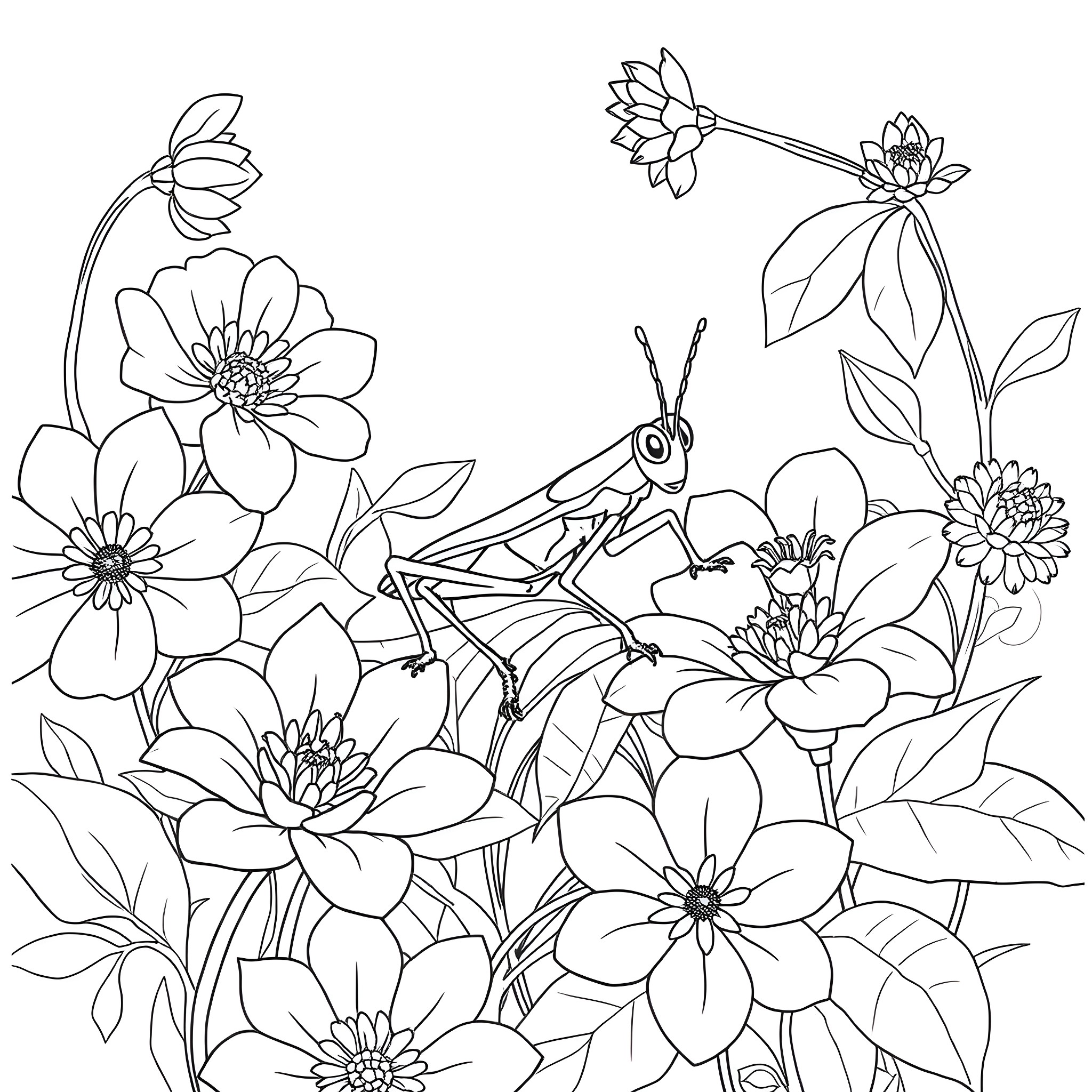 Grasshopper exploring a field of vibrant flowers Coloring Page (free black-and-white line drawing printable PDF for all, from beginners to advanced learners, including children, teens, adults, and seniors)