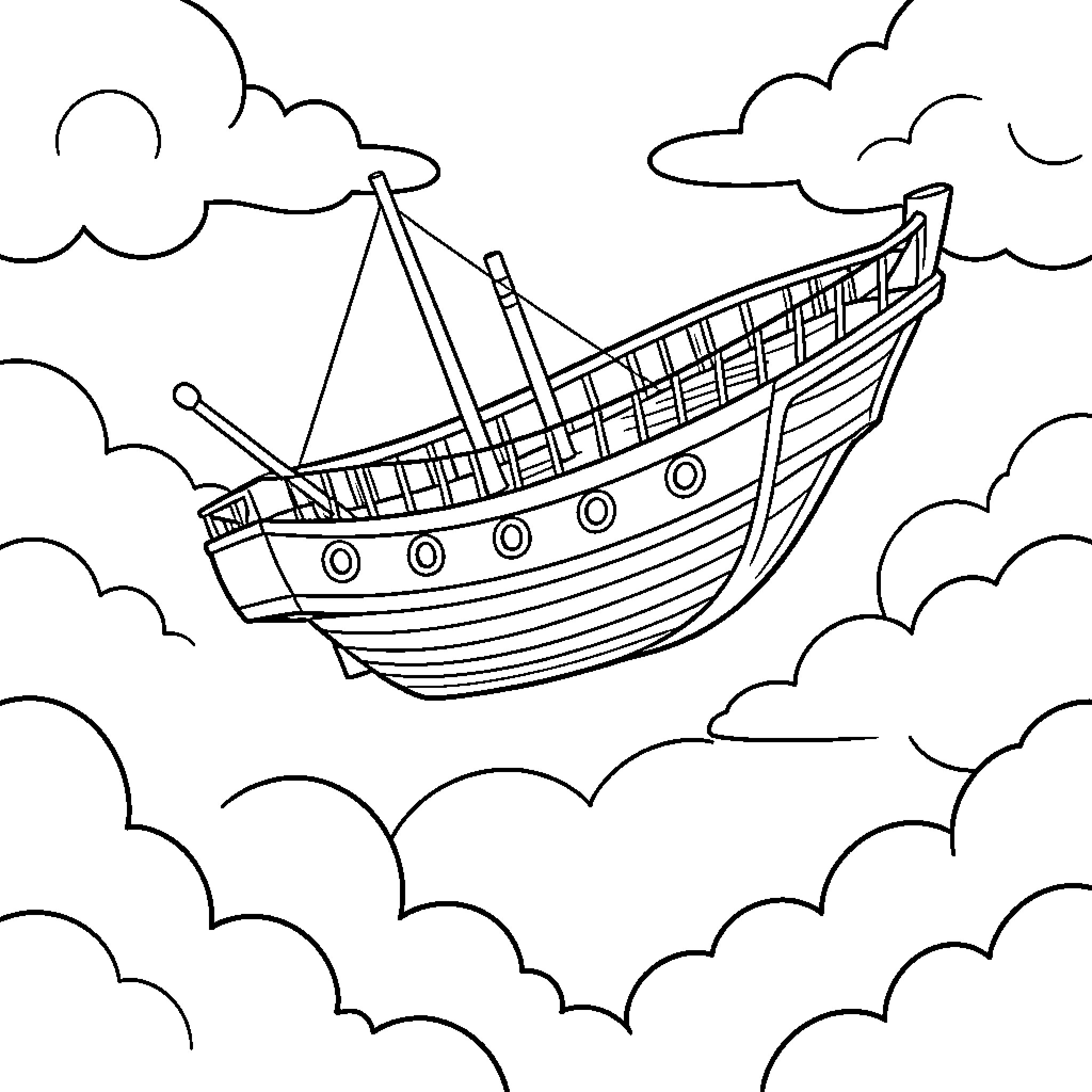 Flying Boat Sailing Through Cloudy Skies Coloring Page (free black-and-white line drawing printable PDF for all, from beginners to advanced learners, including children, teens, adults, and seniors)