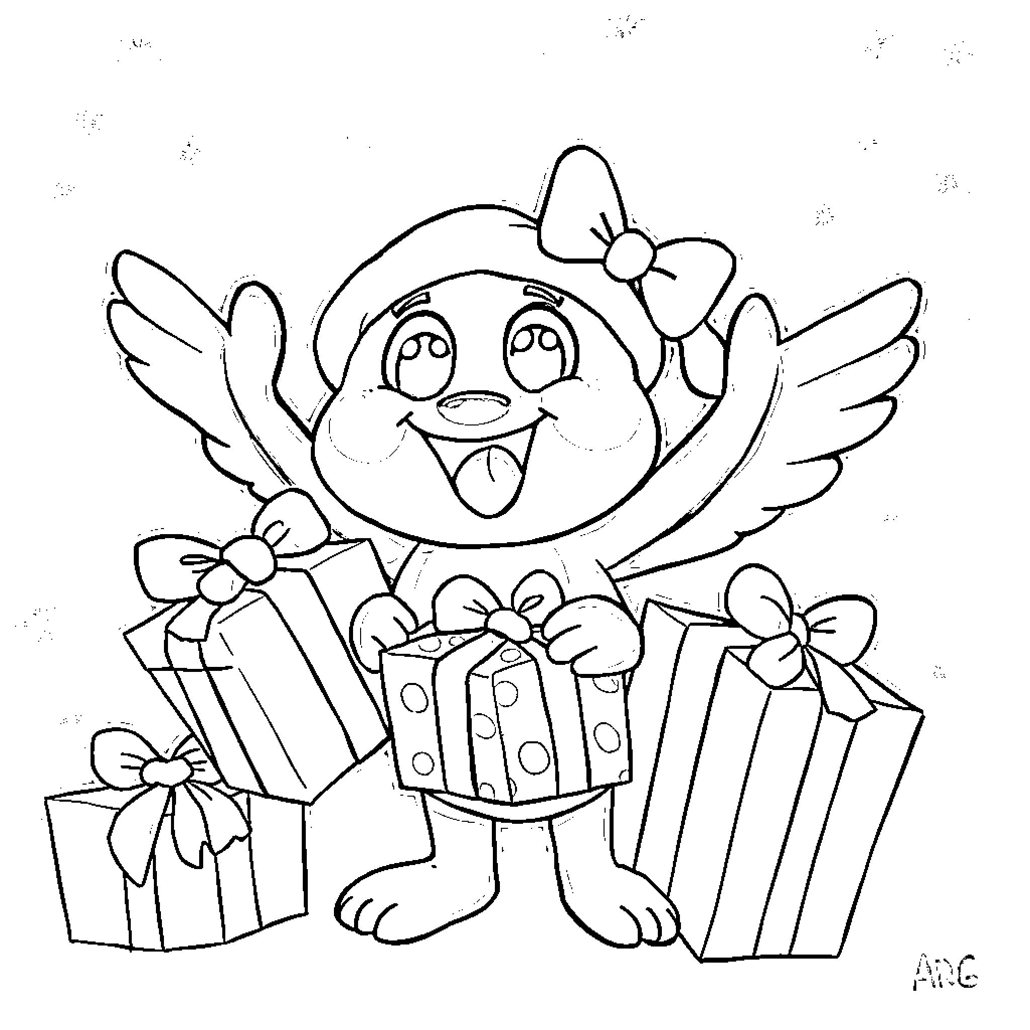 Bluey celebrating with presents and bows Coloring Page (free black-and-white line drawing printable PDF for all, from beginners to advanced learners, including children, teens, adults, and seniors)