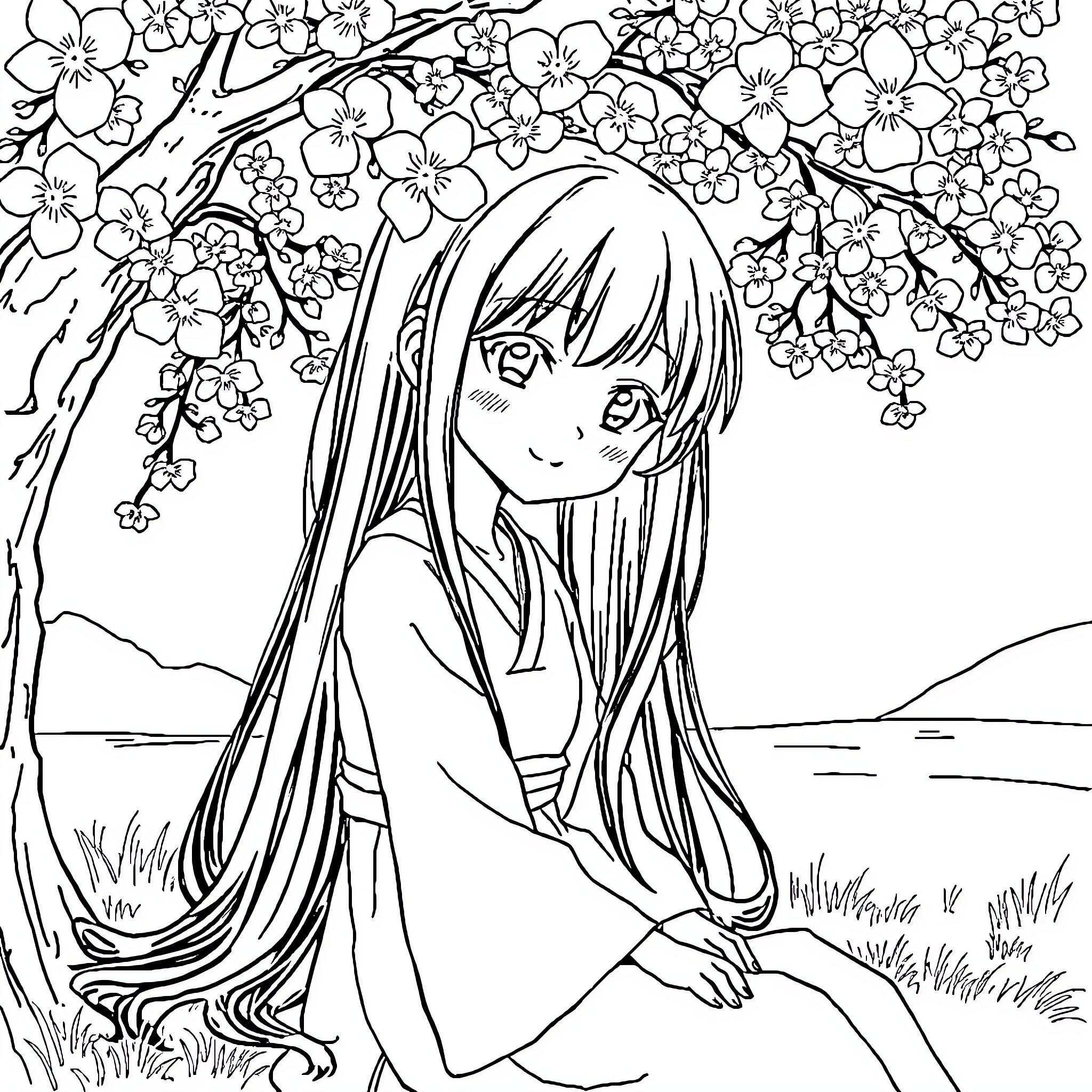 Shizuka among the blooming flowers Coloring Page (free black-and-white line drawing printable PDF for all, from beginners to advanced learners, including children, teens, adults, and seniors)