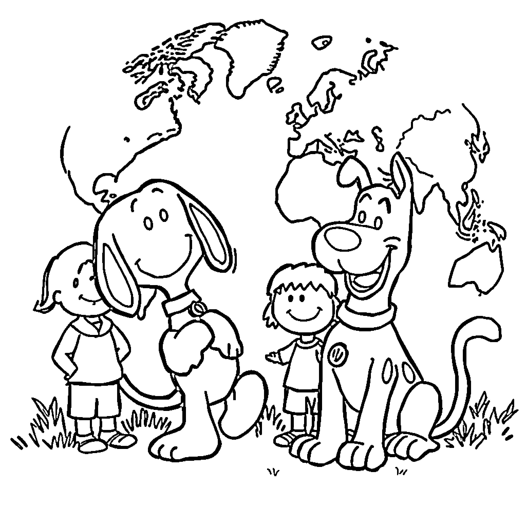 Snoopy and friends exploring the world together Coloring Page (free black-and-white line drawing printable PDF for all, from beginners to advanced learners, including children, teens, adults, and seniors)