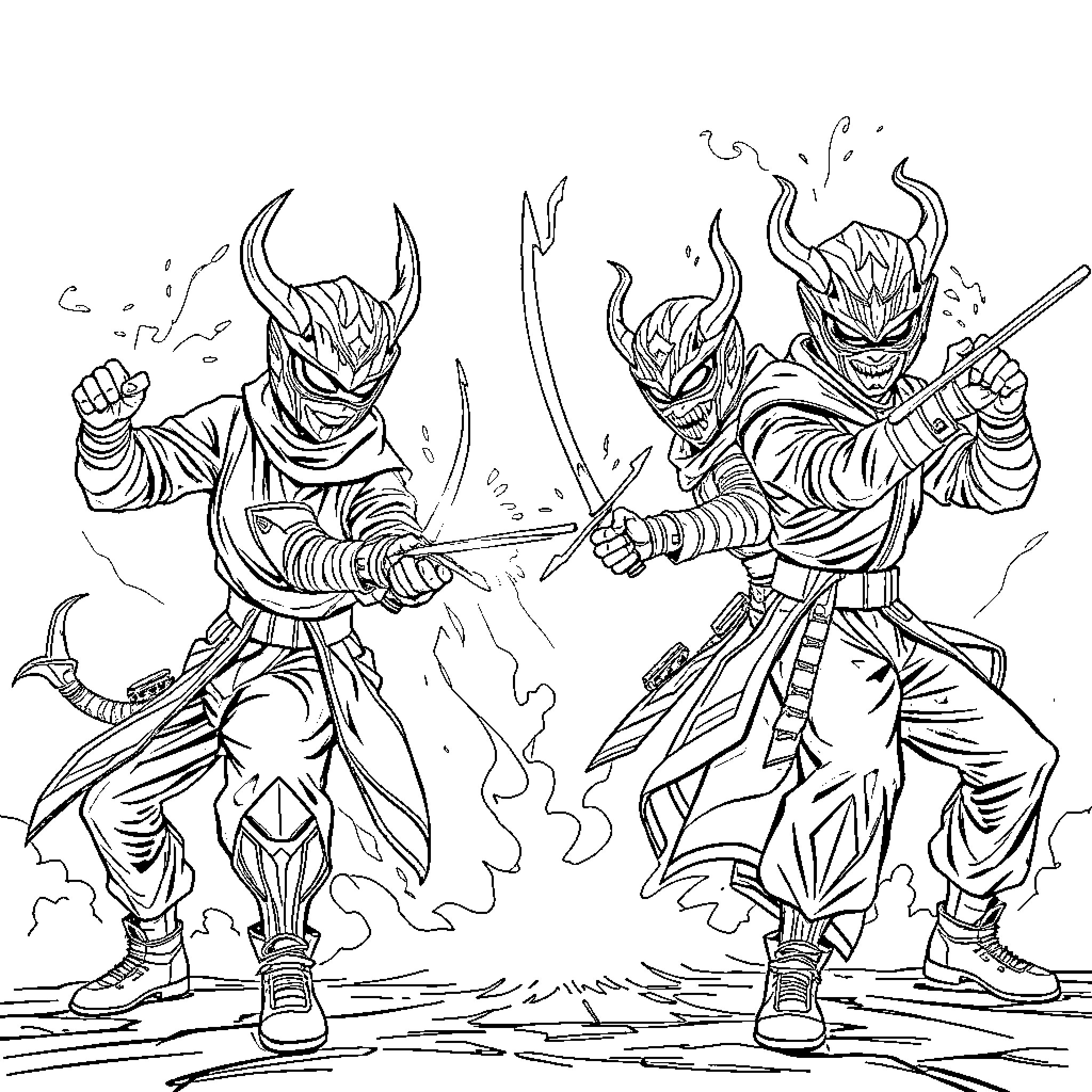 Demon Hunters in Epic Battle Stance Coloring Page (free black-and-white line drawing printable PDF for all, from beginners to advanced learners, including children, teens, adults, and seniors)