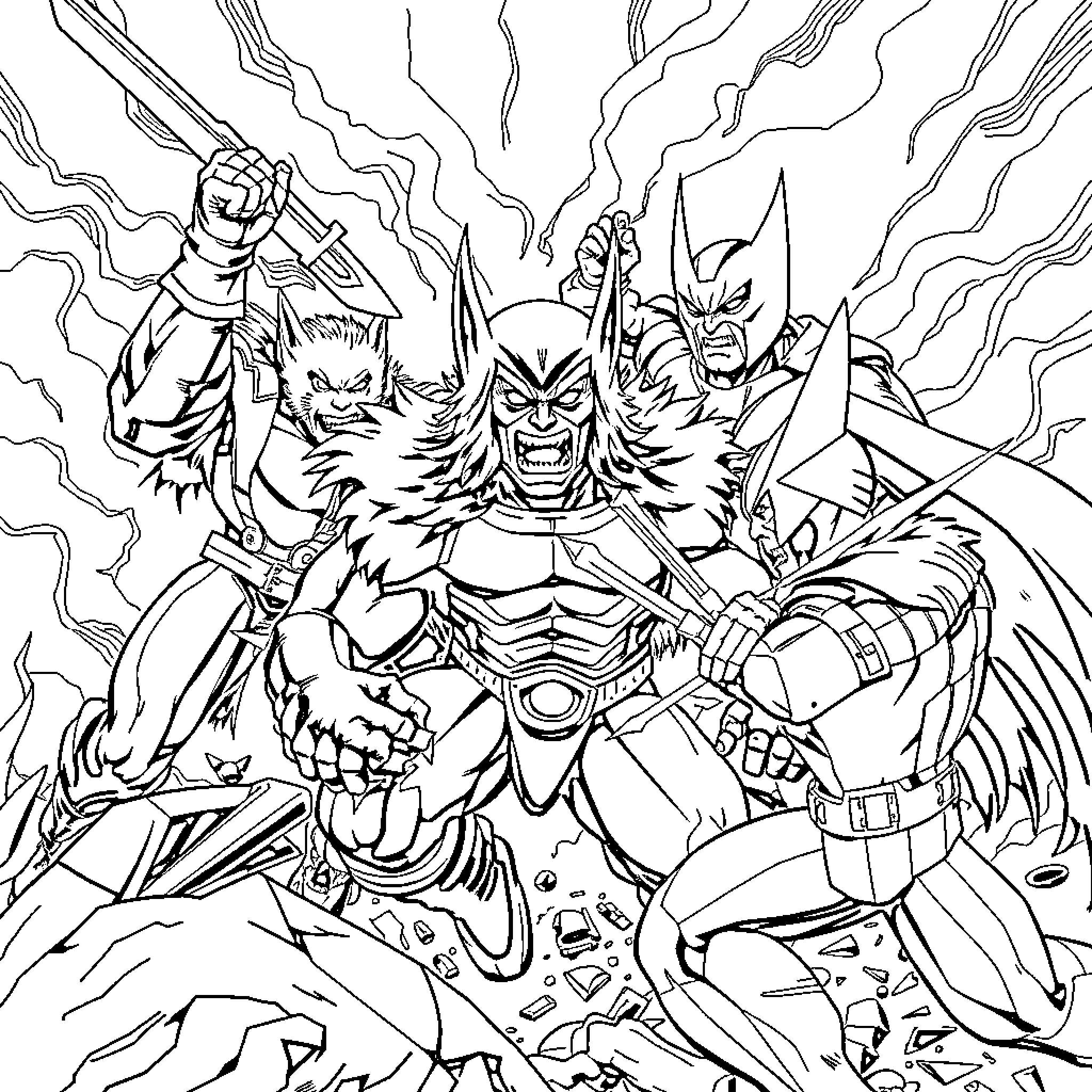 Thundercats in an epic battle scene Coloring Page (free black-and-white line drawing printable PDF for all, from beginners to advanced learners, including children, teens, adults, and seniors)