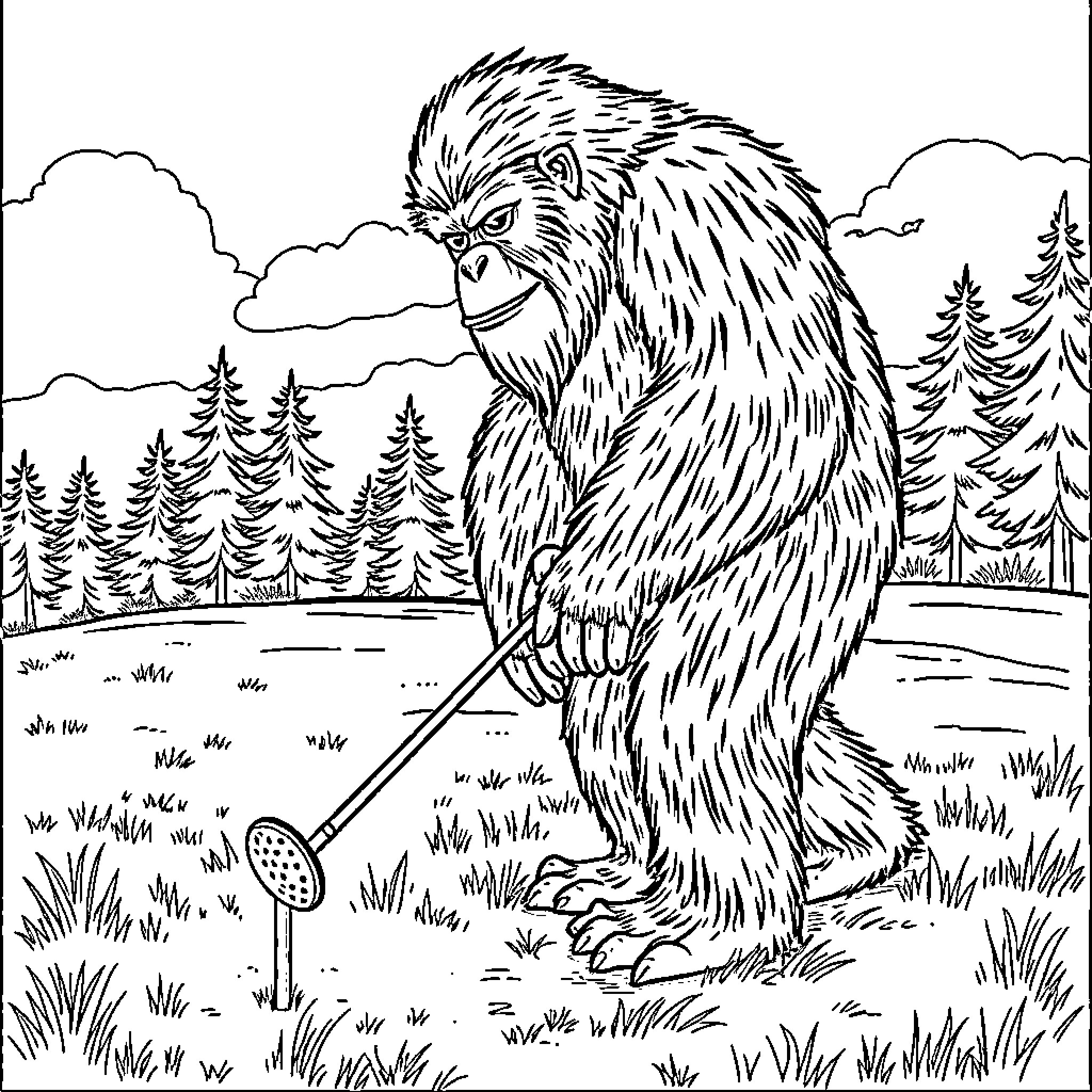 Bigfoot playing golf in the wilderness Coloring Page (free black-and-white line drawing printable PDF for all, from beginners to advanced learners, including children, teens, adults, and seniors)