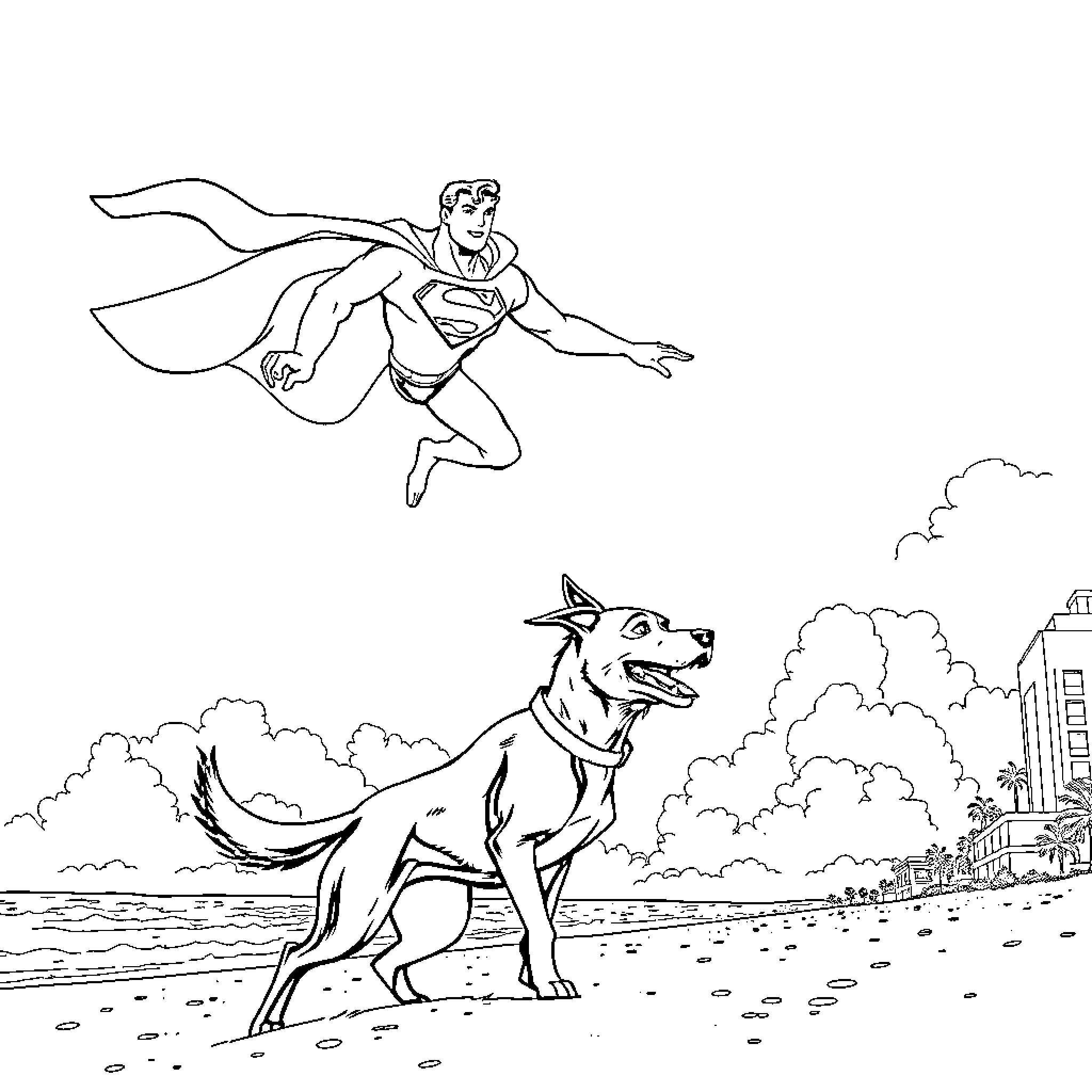 Superman saving the day with a loyal canine companion Coloring Page (free black-and-white line drawing printable PDF for all, from beginners to advanced learners, including children, teens, adults, and seniors)