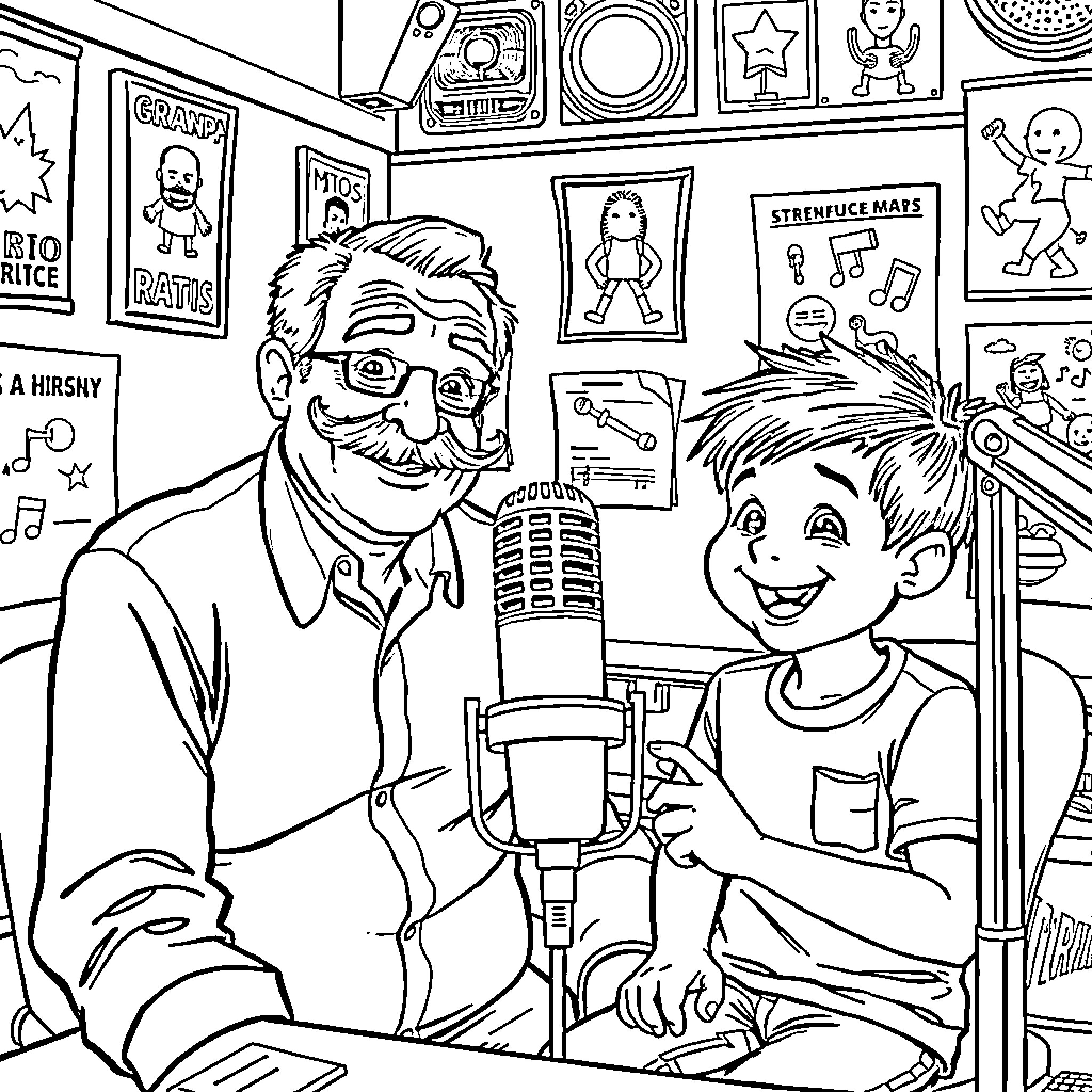 Grandpa and grandson sharing a joyful moment in the studio Coloring Page (free black-and-white line drawing printable PDF for all, from beginners to advanced learners, including children, teens, adults, and seniors)