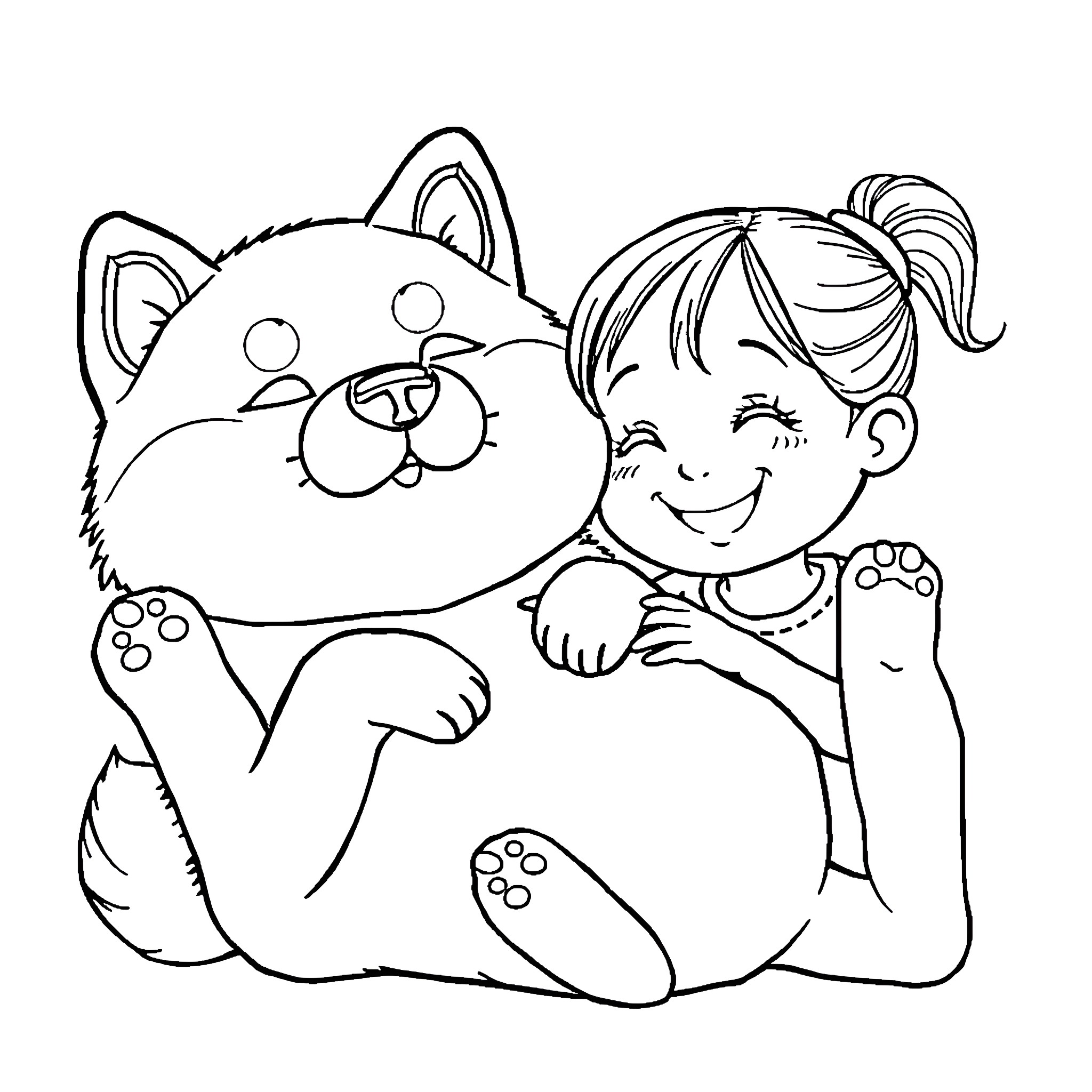 Shiba Inu playing happily with a young girl Coloring Page (free black-and-white line drawing printable PDF for all, from beginners to advanced learners, including children, teens, adults, and seniors)