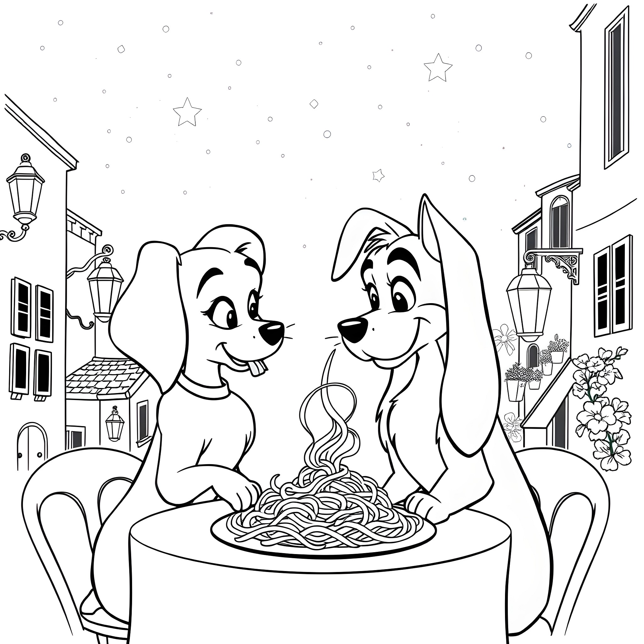 Lady And The Tramp Share A Romantic Spaghetti Dinner Coloring Page (free black-and-white line drawing printable PDF for all, from beginners to advanced learners, including children, teens, adults, and seniors)