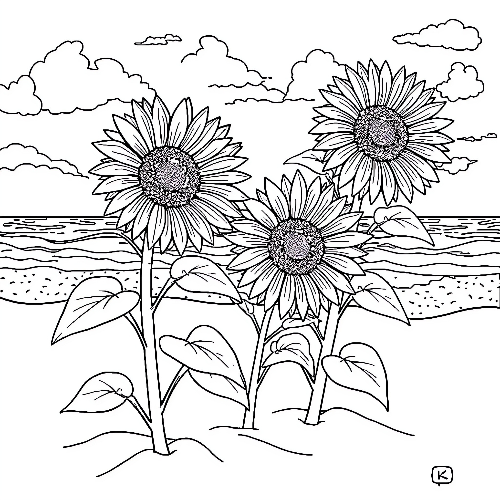 Sunflower field overlooking a scenic lake Coloring Page (free black-and-white line drawing printable PDF for all, from beginners to advanced learners, including children, teens, adults, and seniors)