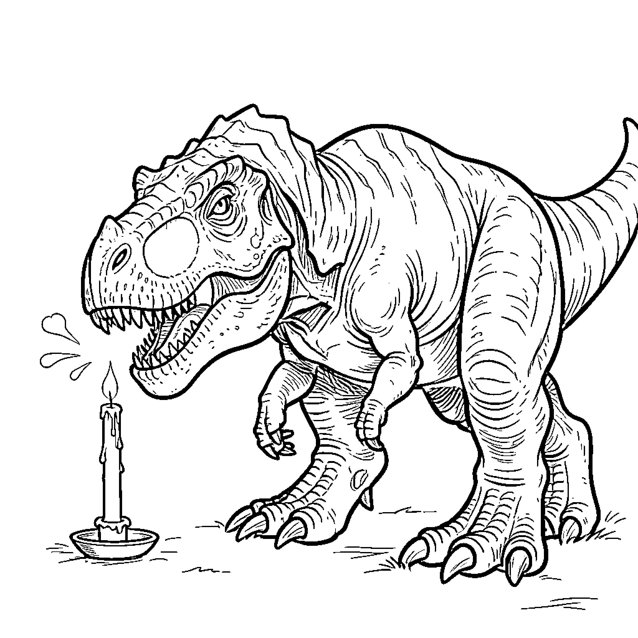 Carnotaurus blowing out a lit candle Coloring Page (free black-and-white line drawing printable PDF for all, from beginners to advanced learners, including children, teens, adults, and seniors)